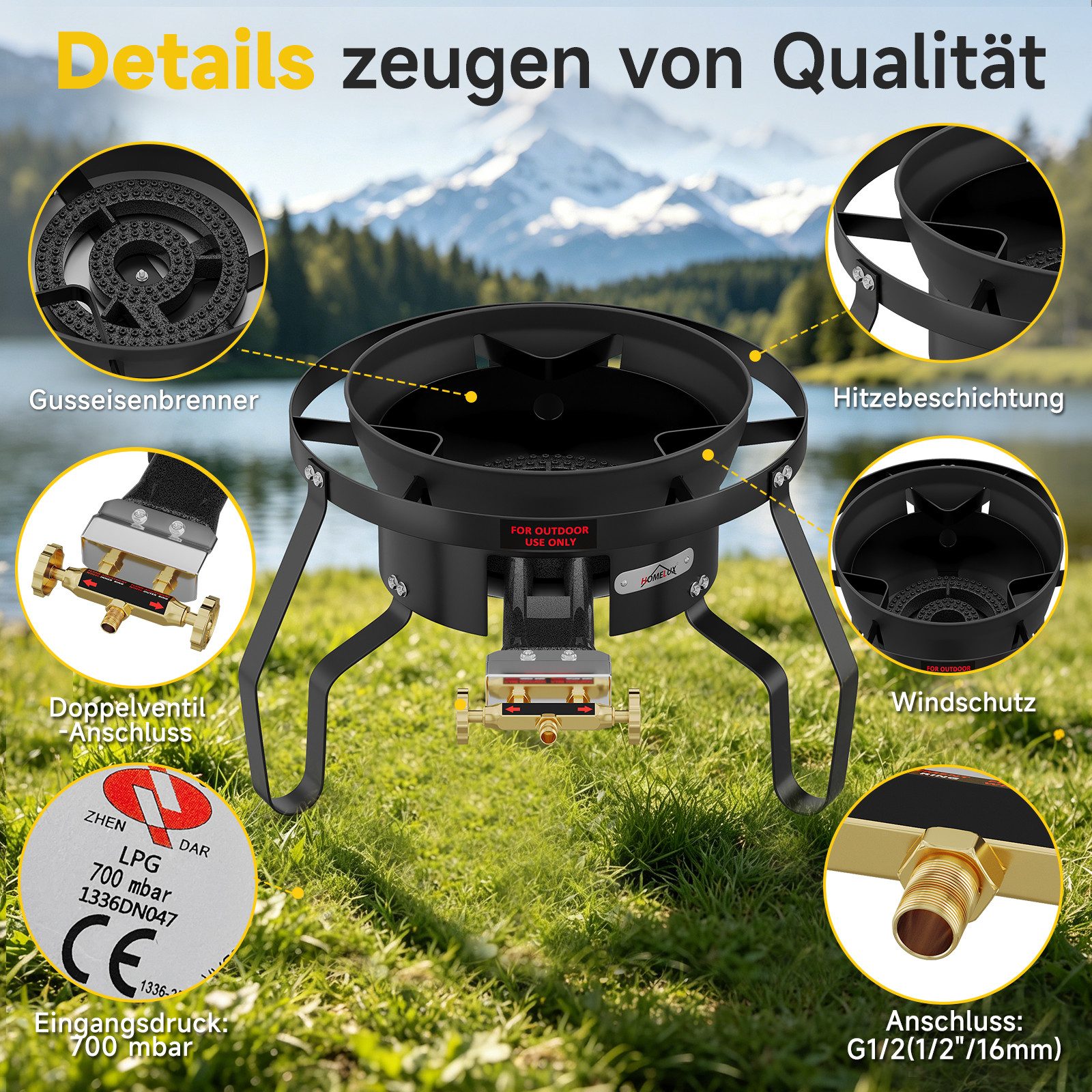 HOMELUX Gaskocher Gas-Hockerkocher 11,5 kW mit Piezozündung, (3-St., mit Schlauch 150 cm und 700 mbar Gas Regler Druckminderer), 3 Bein Profi Gasbrenner Gusseis – Bild 3 von 5