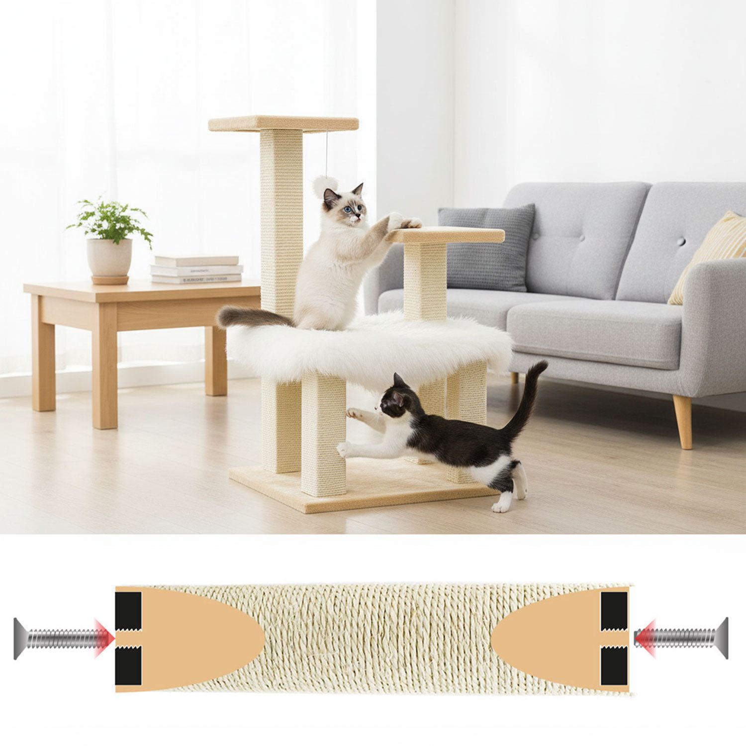 eyepower Ersatz-Kratzbaumstamm Ersatzsäule - 20 cm Sisalstamm für Katzenkratzbaum - Ersatzstamm M8, 9 x 9 cm Sisalsäule Eckig - Katzenbaum Ersatzteil - Sisal Kratzstamm