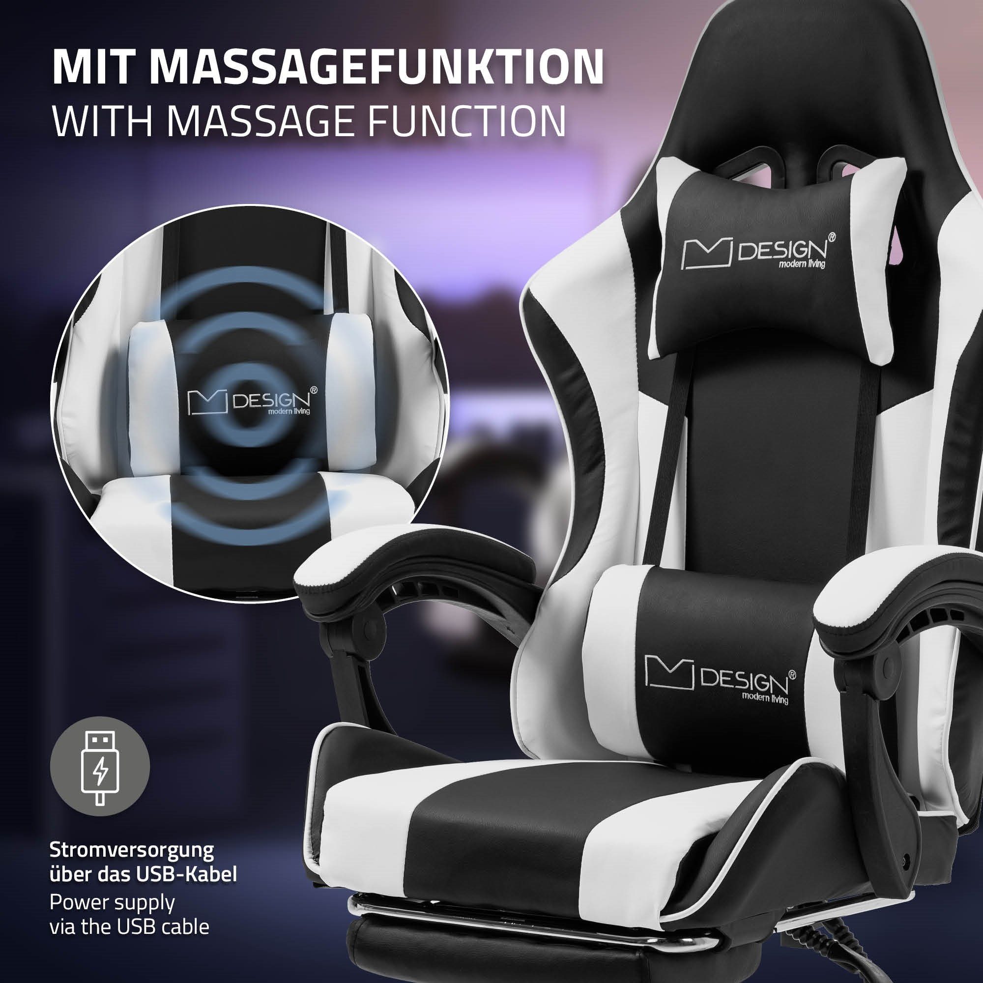 PU-Leder, Armlehne, mit aus Racing Bürostuhl, Kopfstütze, verstellbar, Gamingstuhl Gaming-Stuhl Fußstütze ML-DESIGN Massage Weiß Lendenkissen, Gamer Stuhl