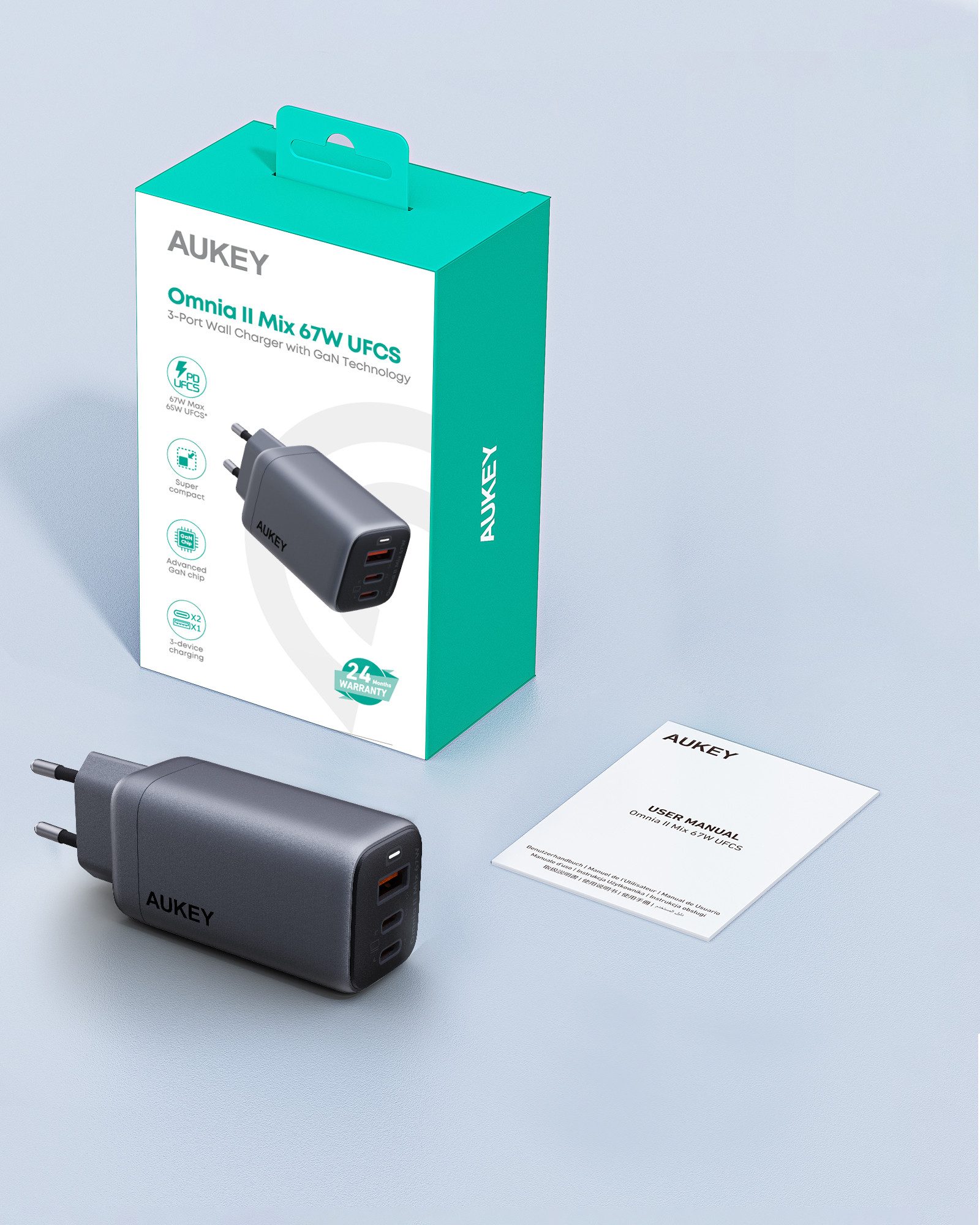 AUKEY PA-B6U Smartphone-Ladegerät (set, 67W Powerdelivery Fastcharging und UFCS. 2x USB-C & 1x USB-A Anschluss)