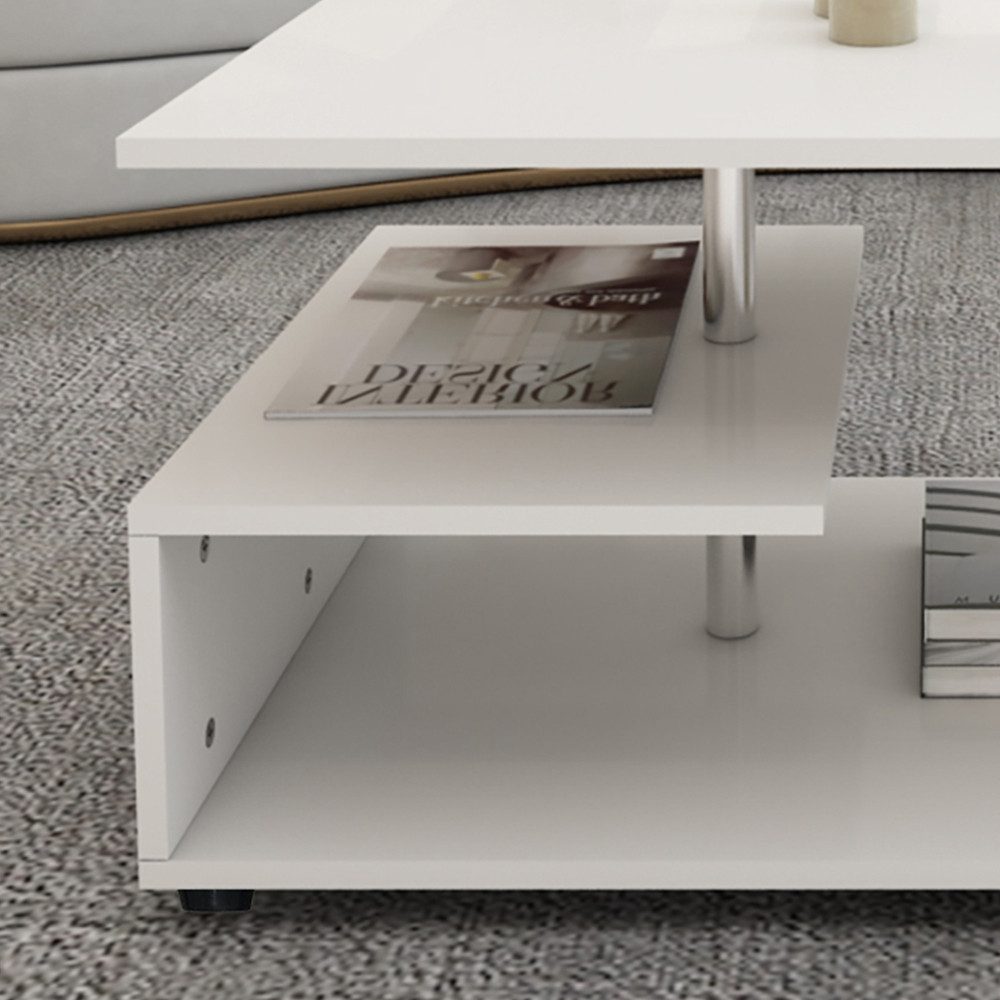 ML-DESIGN Couchtisch Geräumiger Wohnzimmertisch mit Stauraum, Holz Beistelltisch, Sofatisch mit Ablageflächen auf 3 Etagen Metall Kaffeetisch Dekostange