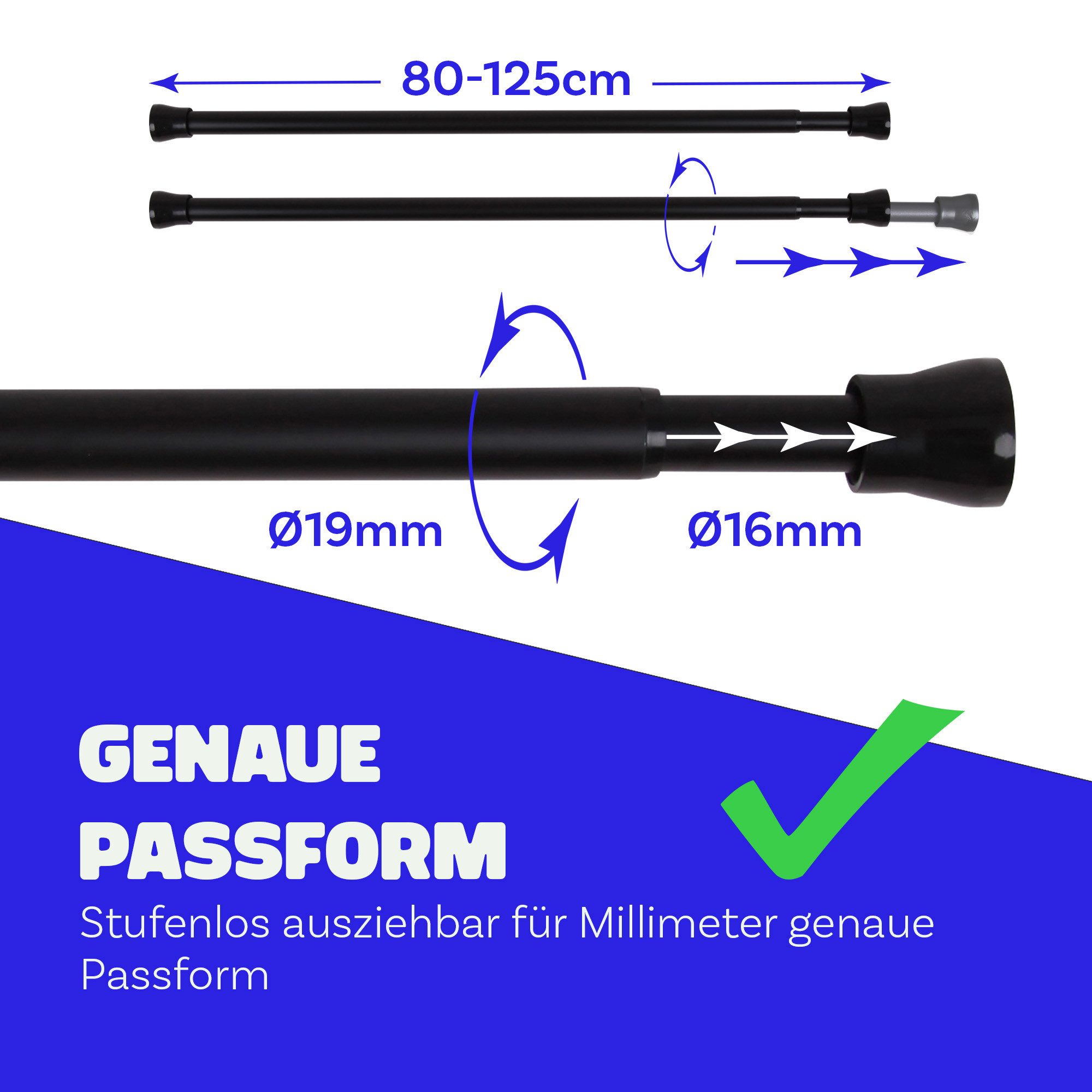 Bestlivings Spannstange ohne Bohren, Ø 19 mm, 1-läufig, ausdrehbar, klemmen, geklemmt, Metall, bis 5 kg belastbar, Stange: Metall, Endstück: Kunststoff (Antirut – Bild 2 von 5