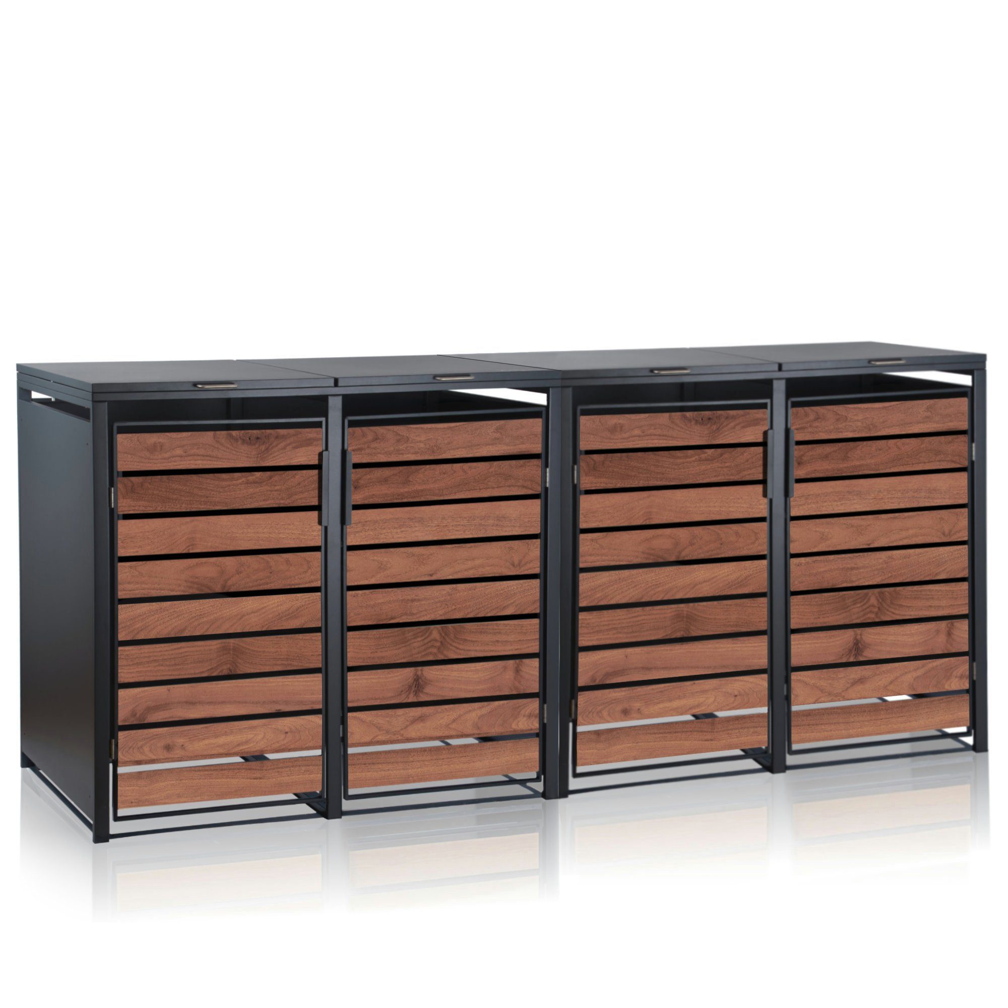 Zelsius Mülltonnenbox Set für vier Mülltonnen, RAL 7016, Tür in dunkelbrauner Holzoptik