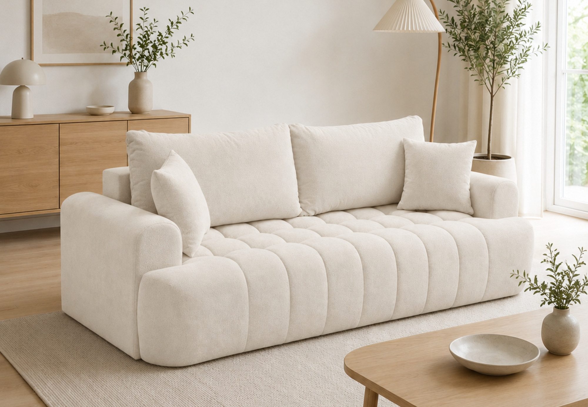 Home Collective Sofa Couch mit Schlaffunktion und Bettkasten Schlafsofa, 246 cm, Gästebett Schlafcouch ausziehbar, Polsterung aus Bonnell-Federkern und Schaumstoff, weicher Stoff, modernes Lounge-Design, inklusive Kissen Beige