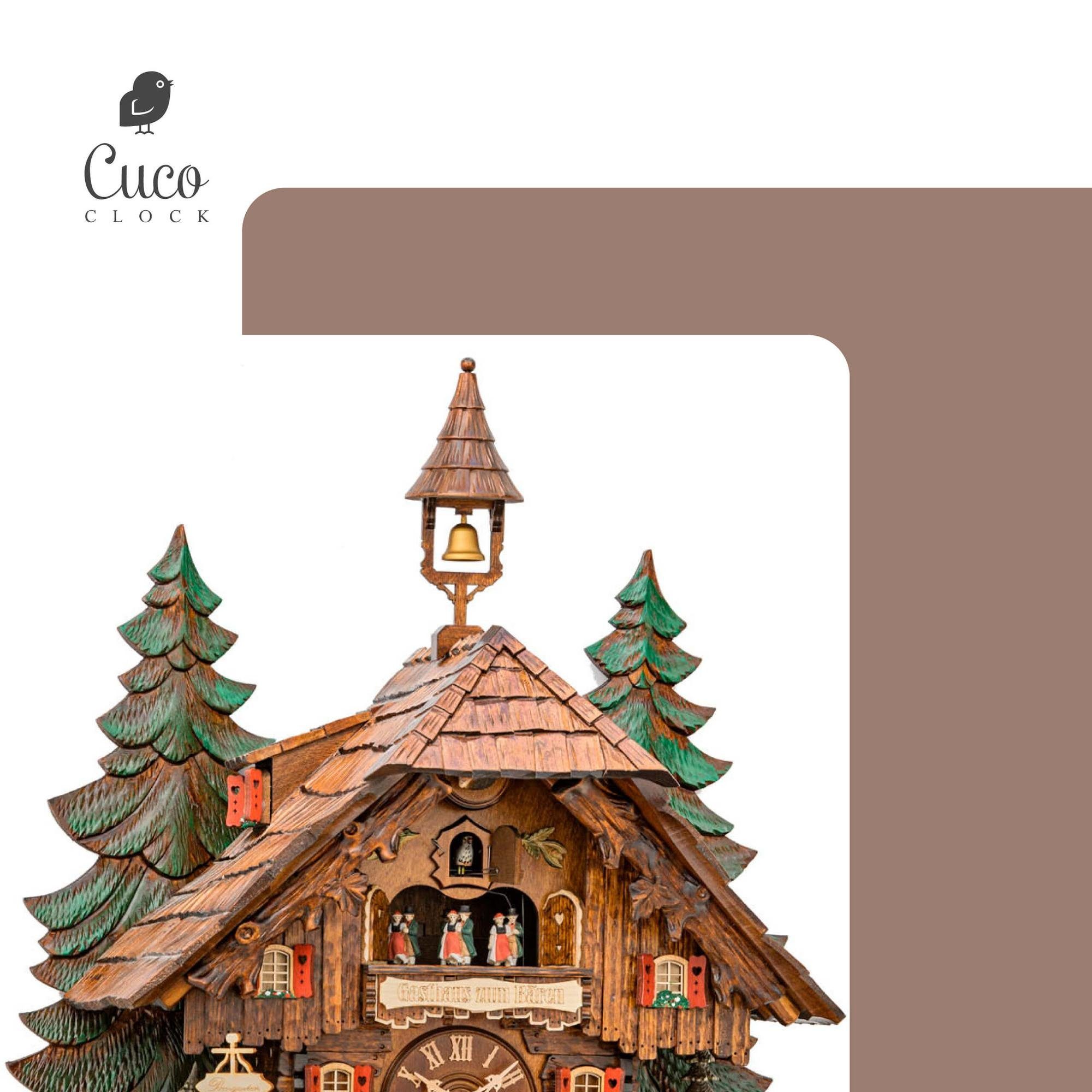 Cuco Clock Pendelwanduhr Kuckucksuhr Schwarzwalduhr "Waldkonzert" Wanduhr aus Holz (33 x 47 x 63cm, 8 - Tage Werk, automatische Nachtabschaltung)