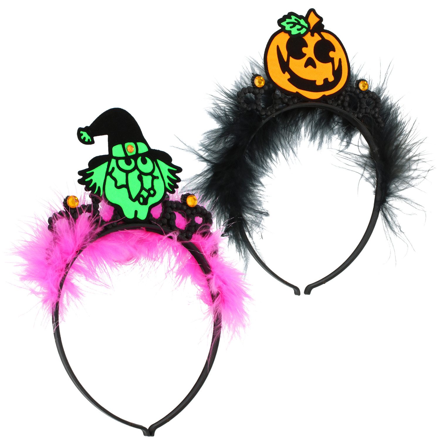 com-four Haarreif Halloween Haarreif für Erwachsene mit Kürbis & Hexe, 2-tlg., Kostümaccessoires mit schwarzen und pinken Federn für Halloween