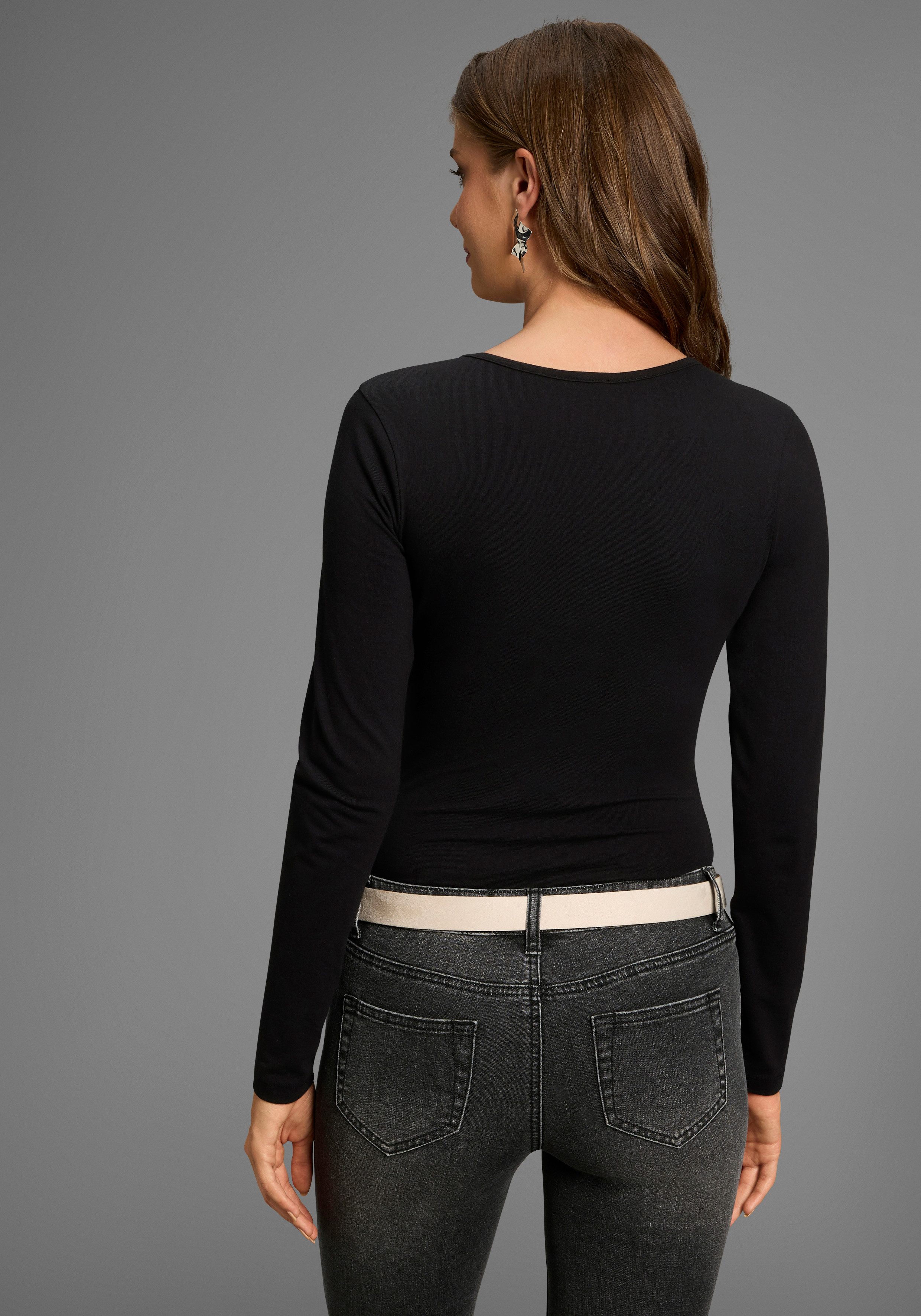 Laura Scott Langarmbody V-Ausschnitt, figurbetonte Passform, Basic Design