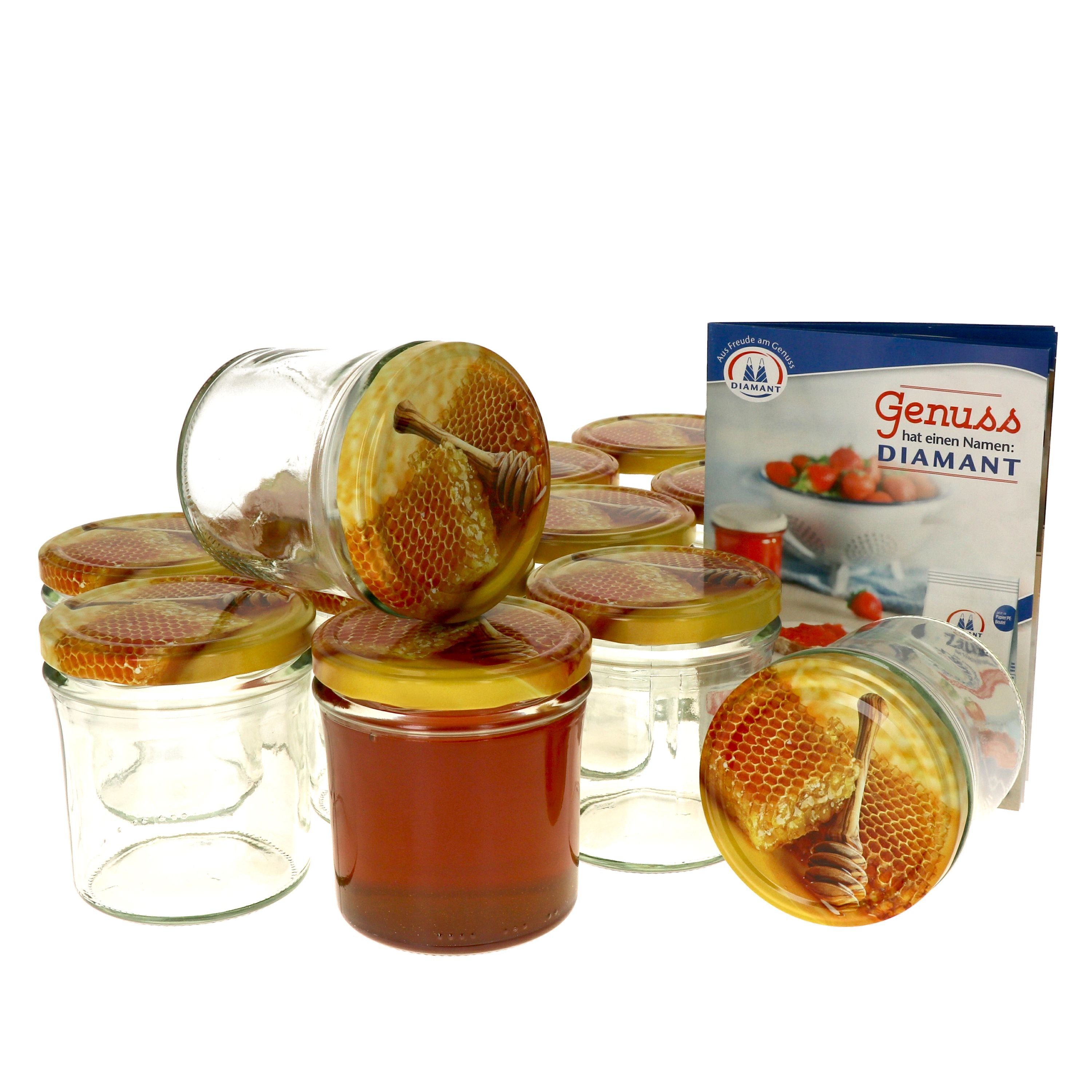 MamboCat Einmachglas 12er Set Sturzglas 350 ml Carino Deckel mit Honigwabe incl. Rezeptheft, Glas
