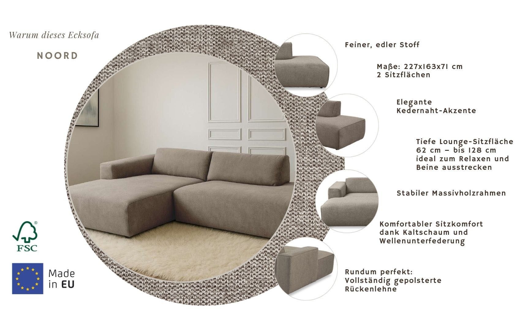 Home affaire Ecksofa Noord mit Kedernaht, Breite 227 cm, L-Form, Cord, Struktur, Webstoff, mit Wellenunterfederung, Massivholzrahmen