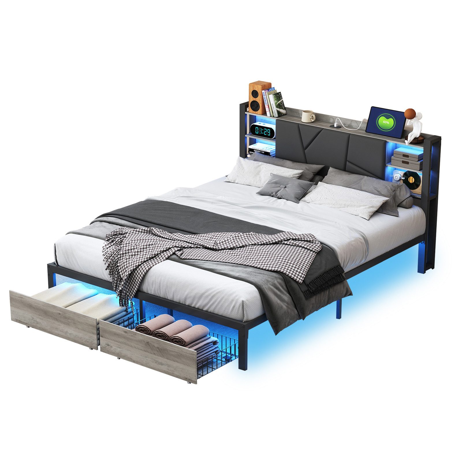 FUROKOY Polsterbett Doppelbett,LED Metallbett Holzbett mit günstig online kaufen