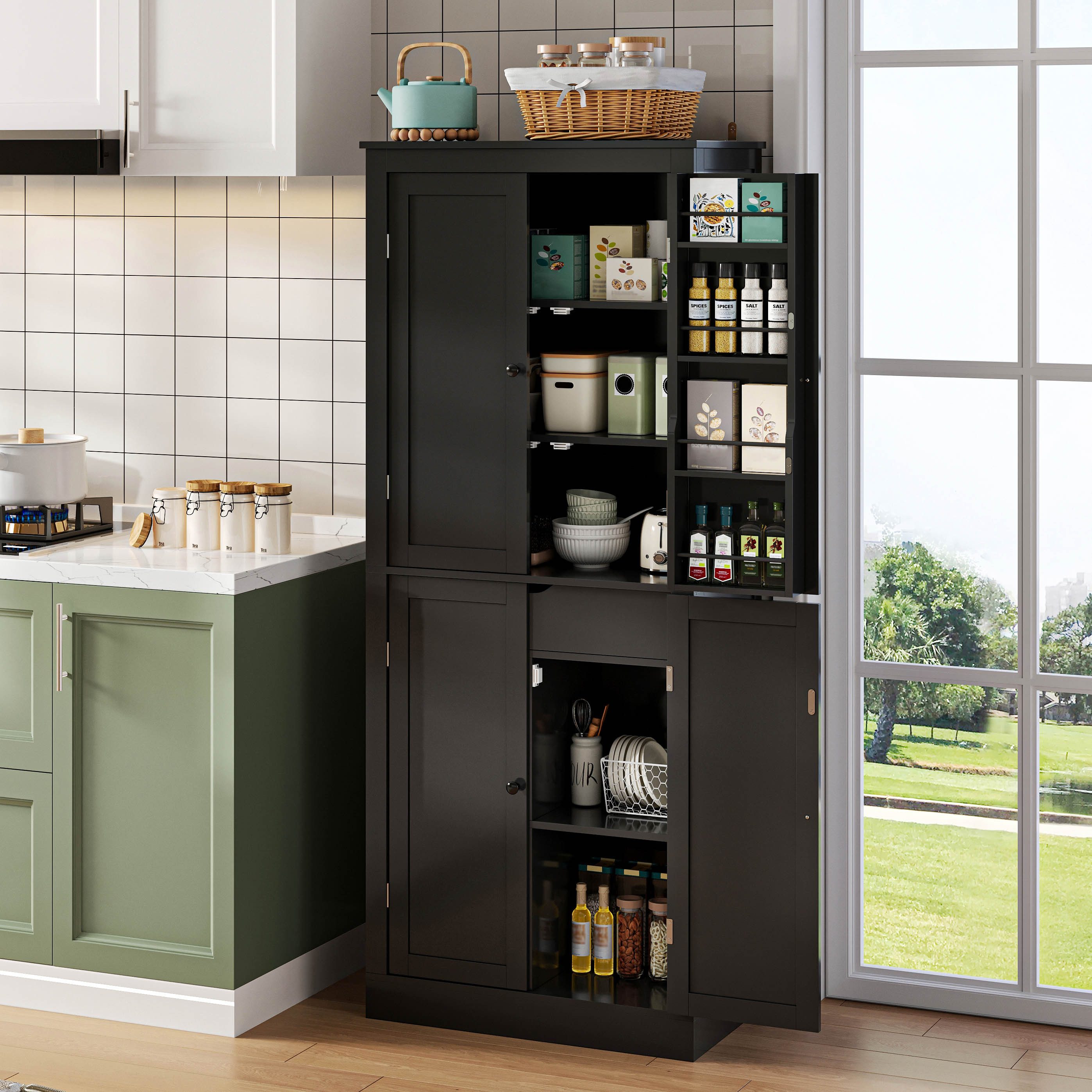 Flieks Mehrzweckschrank Hochschrank mit Türablagen, 7 Staufächern und 1 versteckte Schubladen (1-St., 75x40x182 cm) Küchenschrank Küchenbuffet Vorratsschrank Sideboard Schwarz