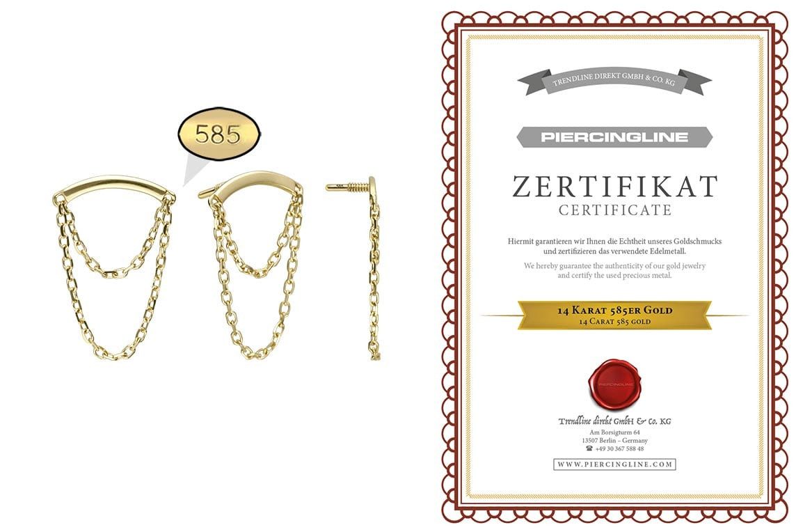 PIERCINGLINE Piercing-Set 14 Karat Gold Schraubaufsatz mit Außengewinde BOGEN + 2 KETTEN (Schraub-Aufsätze, 1-tlg)