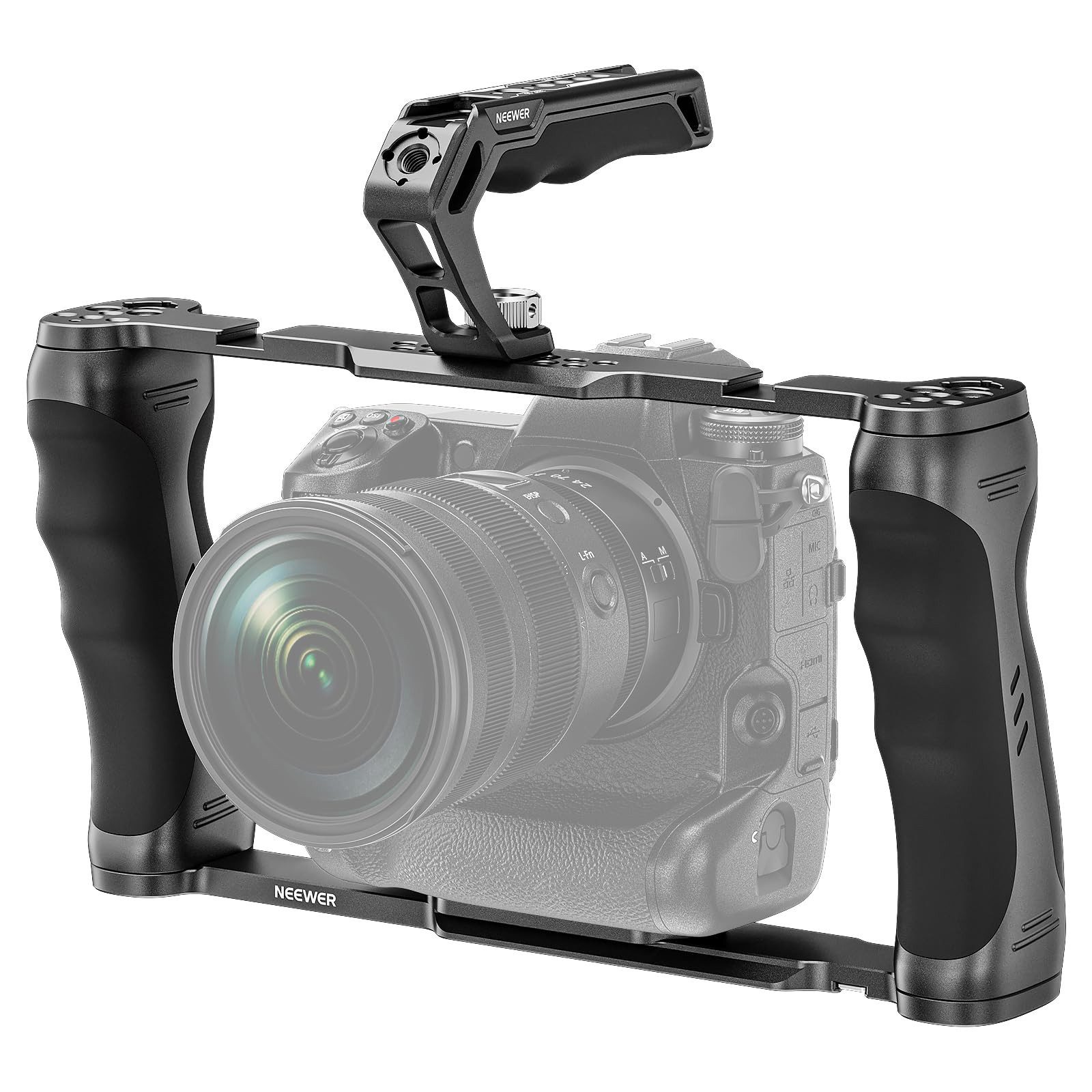 Neewer Kamerahalterung CA016T Universal Kamerakäfig mit Griff, ARRI/Arca, SmallRig kompatibel, (bis 11,6 Zoll, Packung, Farbe:schwarz, Grundfarbe:schwarz, Ergonomischen Handgriffe mit)