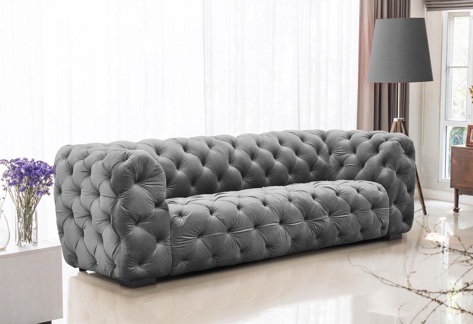 Fun Möbel Sofa Sofa Designer-Sofa NATALIE 3-Sitzer in Stoff, 1 Teile, Rundumbezug Steel | Alle Sofas