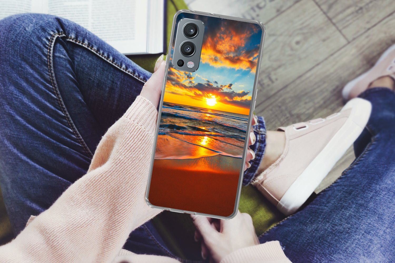 MuchoWow Handyhülle für OnePlus Nord 2 5G Meer - Sonnenuntergang - Strand - Wolken - Orang, Phone Case, Silikon, Schutzhülle Dünn