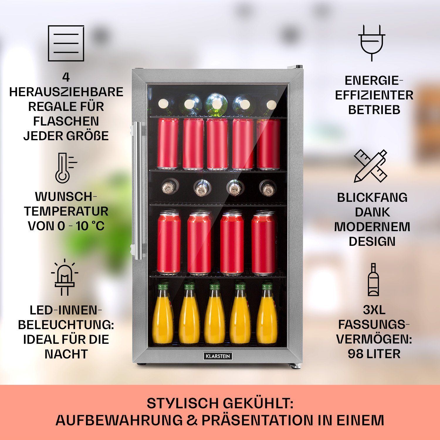 Klarstein Getränkekühlschrank 10046069, 84 cm hoch, 47 cm breit, Bierkühlschrank Getränkekühlschrank Flaschenkühlschrank mit Glastür
