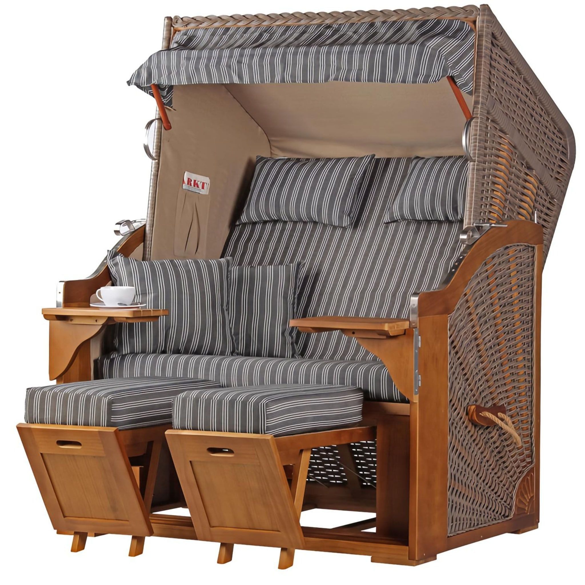 bene living Strandkorb Schleswig Pinie 2-Sitzer - PE mokka - Modell 553, BxTxH: 120x80x160 cm, Volllieger, Ostsee-Strandkorb, (Strandkorb-Komplettset, 4-tlg., Strandkorb, Schutzhülle, Doppellenkrollen und Glas-/Becherhalter), inkl. Windschutzfolie, Bistrotischen und bequemer Polsterung