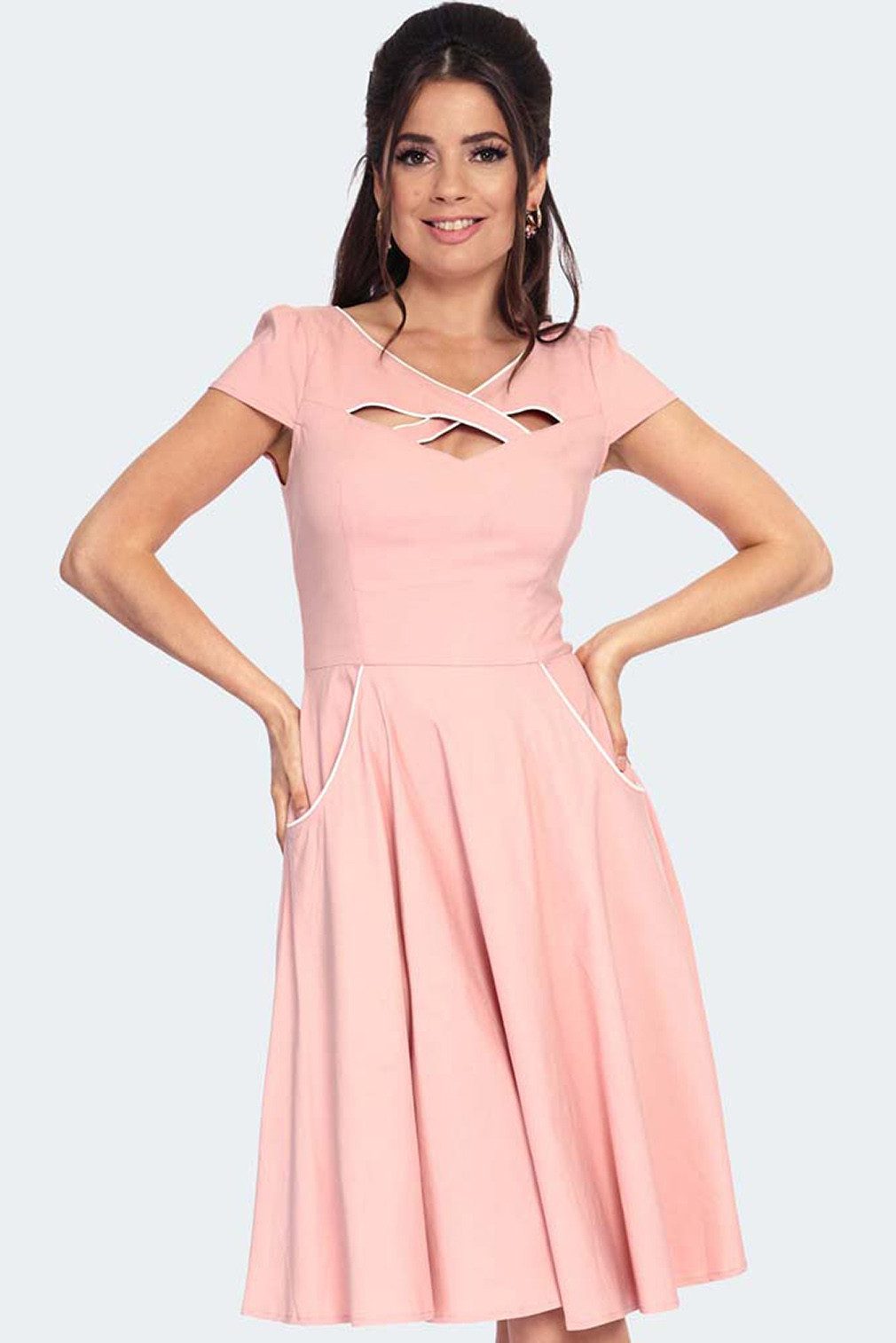 Voodoo Vixen A-Linien-Kleid Criss Cross Rosa Kontrast Piping Vintage Rockabilly Retro