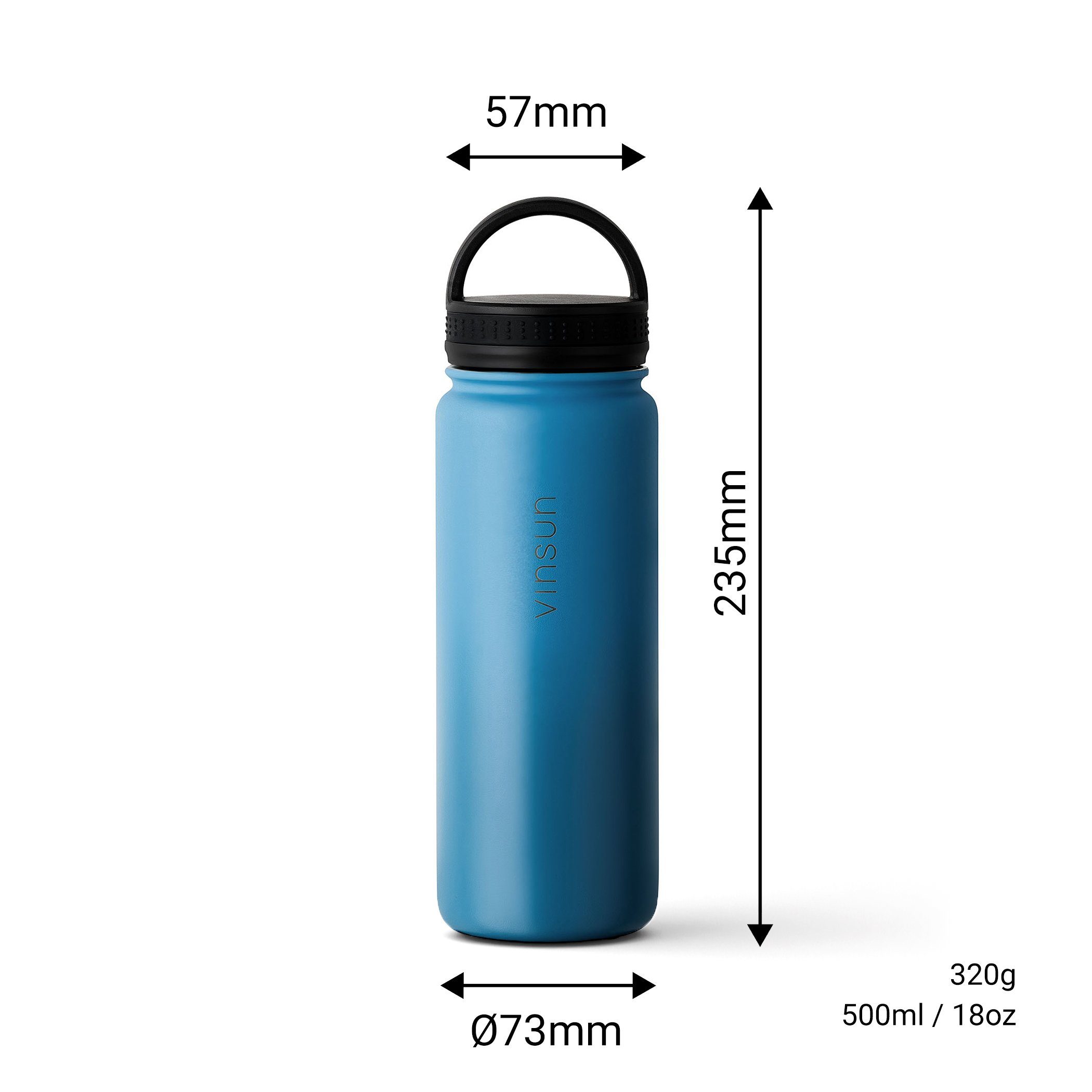 Vinsun Isolierflasche Edelstahl Trinkflasche 500ml, 3 Deckel, auslaufsicher, doppelwandig, 3 Deckel - Strohhalm, Trinköffnung, Schraubverschluss