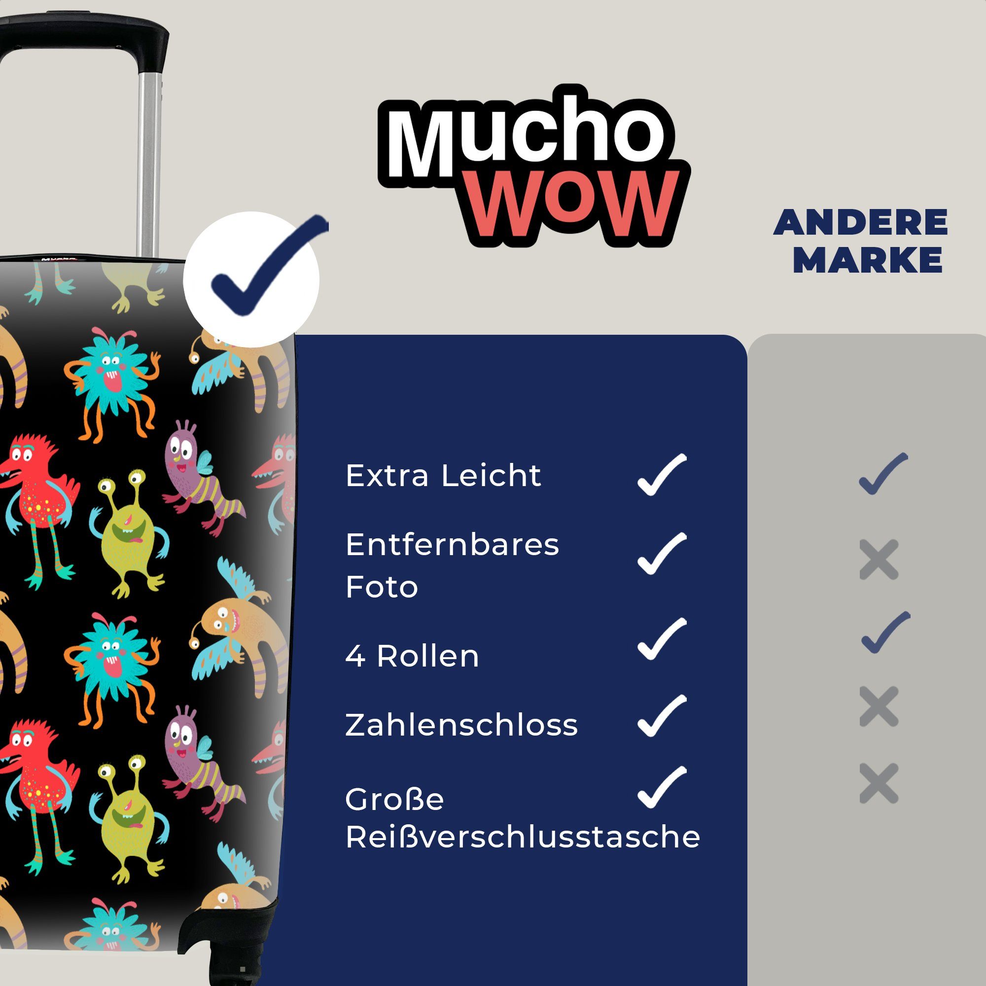 MuchoWow Handgepäckkoffer Design Kinder 4 - Monster Rollen, - rollen, Ferien, - Trolley, Reisetasche Farbe, Reisekoffer Handgepäck für mit