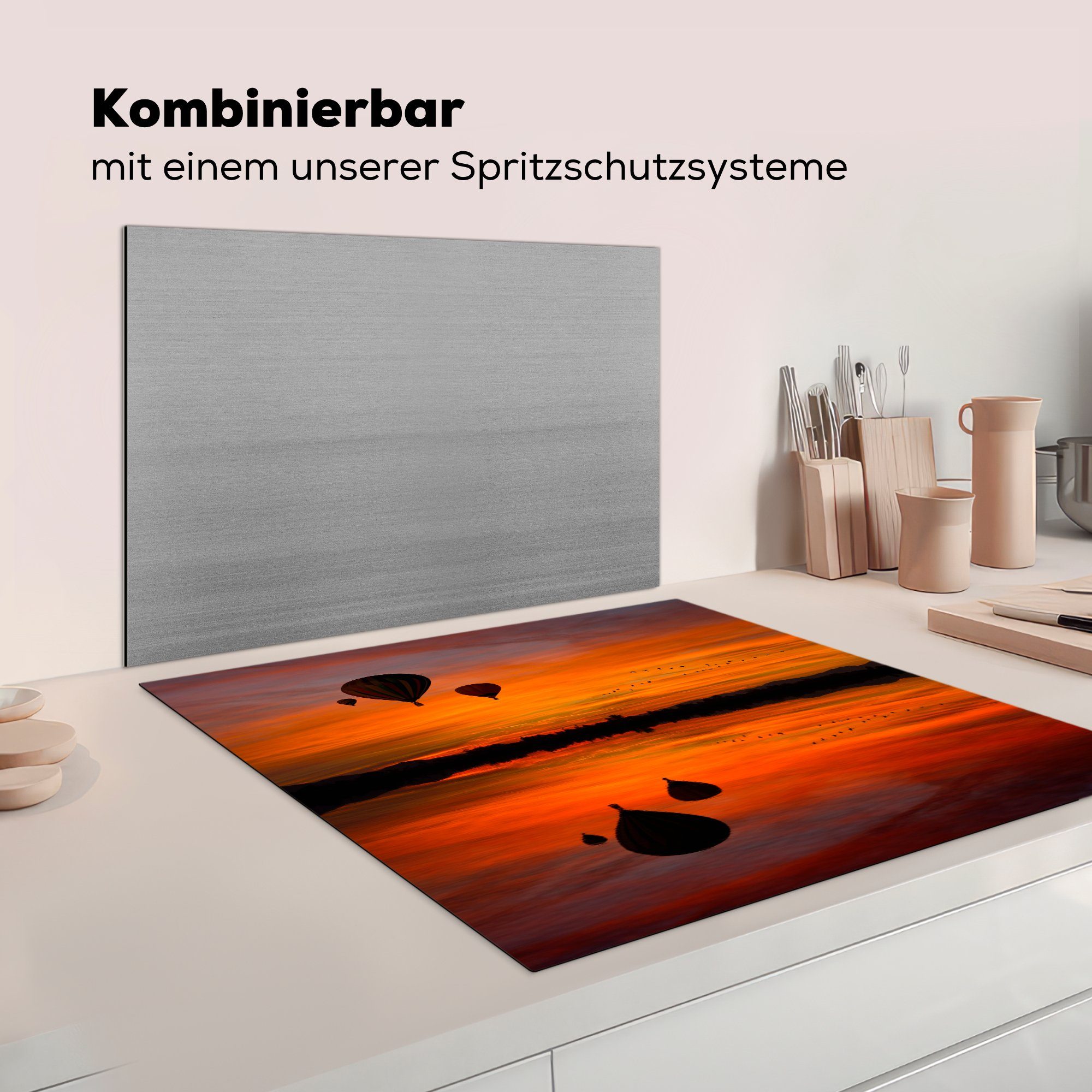 MuchoWow Vinyl, tlg), Silhouette küche Herdblende-/Abdeckplatte Sonnenuntergang, 78x78 bei Heißluftballons Vogelschwarm (1 für Ceranfeldabdeckung, von cm, Arbeitsplatte und