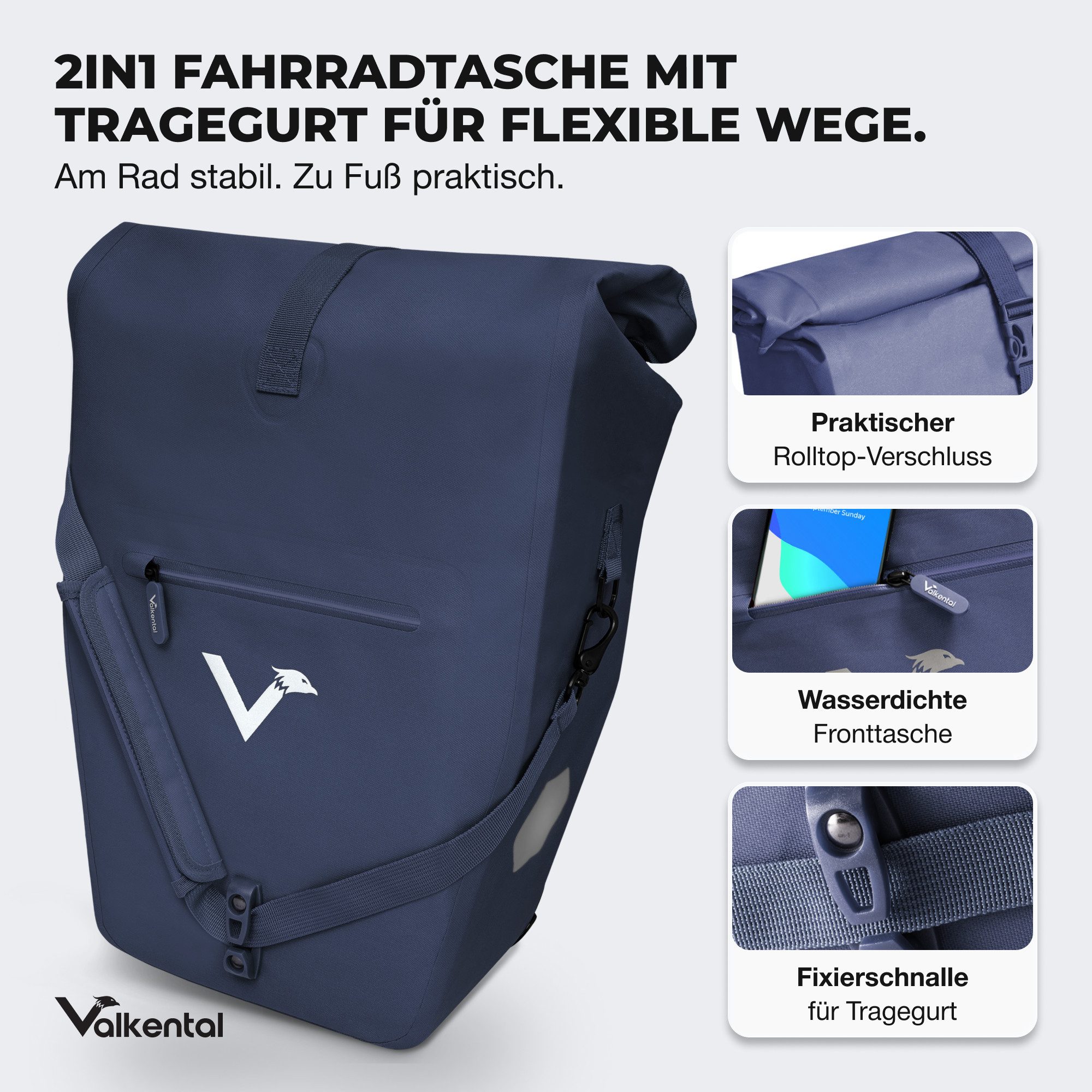 Valkental Fahrradtasche Gepäckträgertasche mit Umhängeschlauf, 2in1 wasserdicht, mit Rolltop Verschluss & Laptopfach 28L