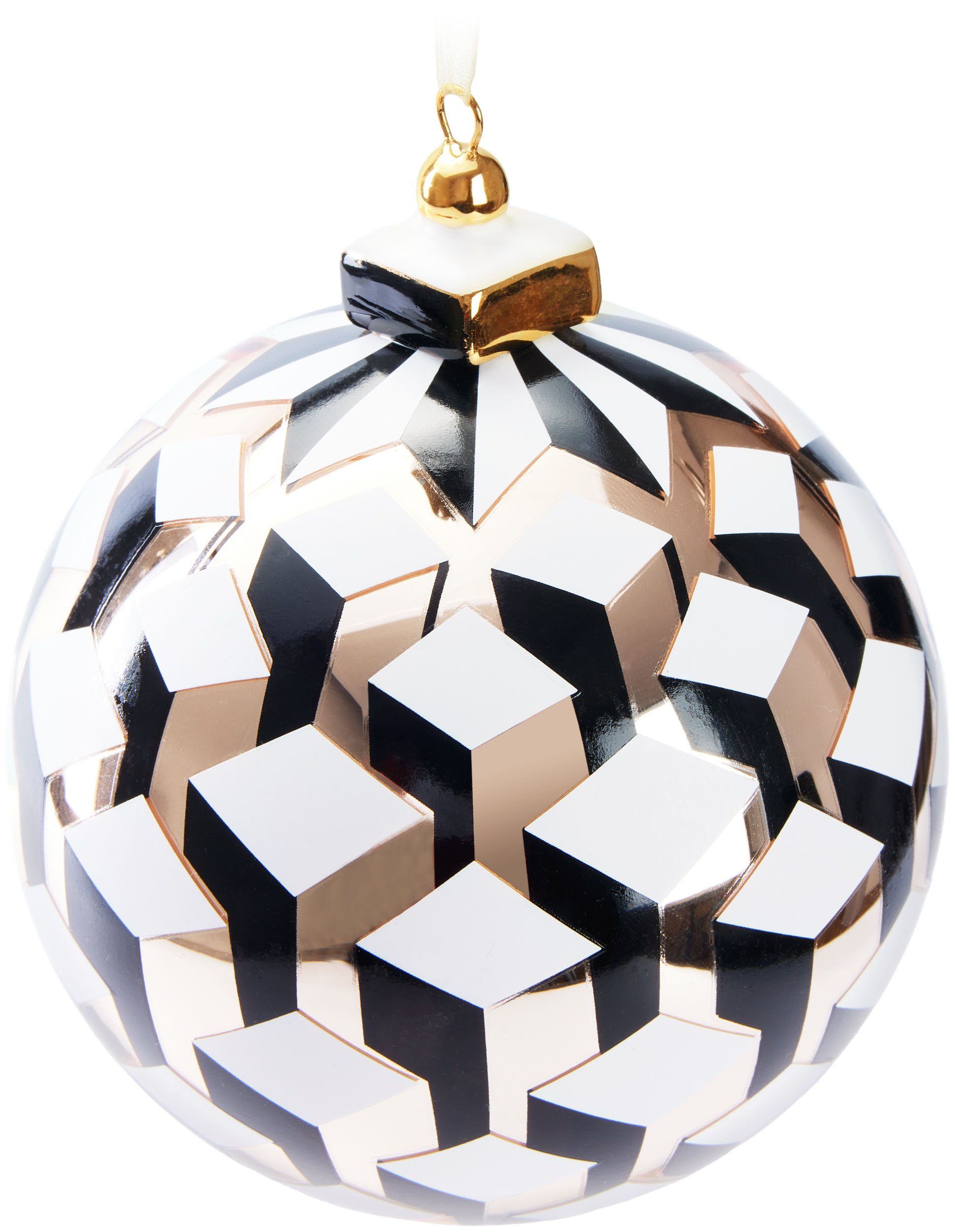 cm Gold, Spitze Glas St), BRUBAKER Weiß Schwarz Baumkugel Premium aus Weihnachtskugel Porzellan und Würfel Weihnachtsbaumkugel 10 mit 3D (1