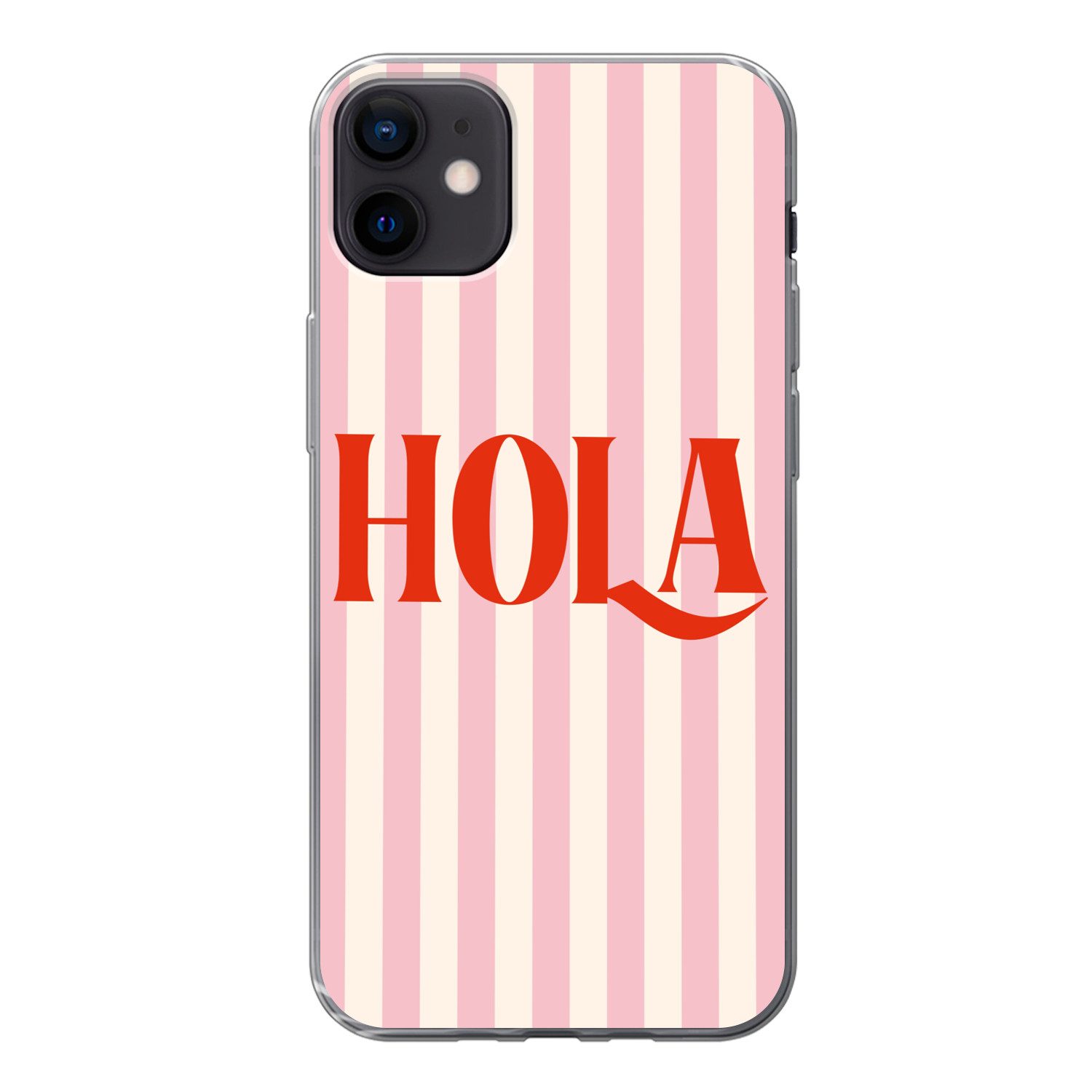 MuchoWow Handyhülle für Apple iPhone 12 mini Hola - Zitat - Streifen - Pastell - Rosa - Ro, Smartphone-Bumper, Print, Handy Schutzhülle Dünn