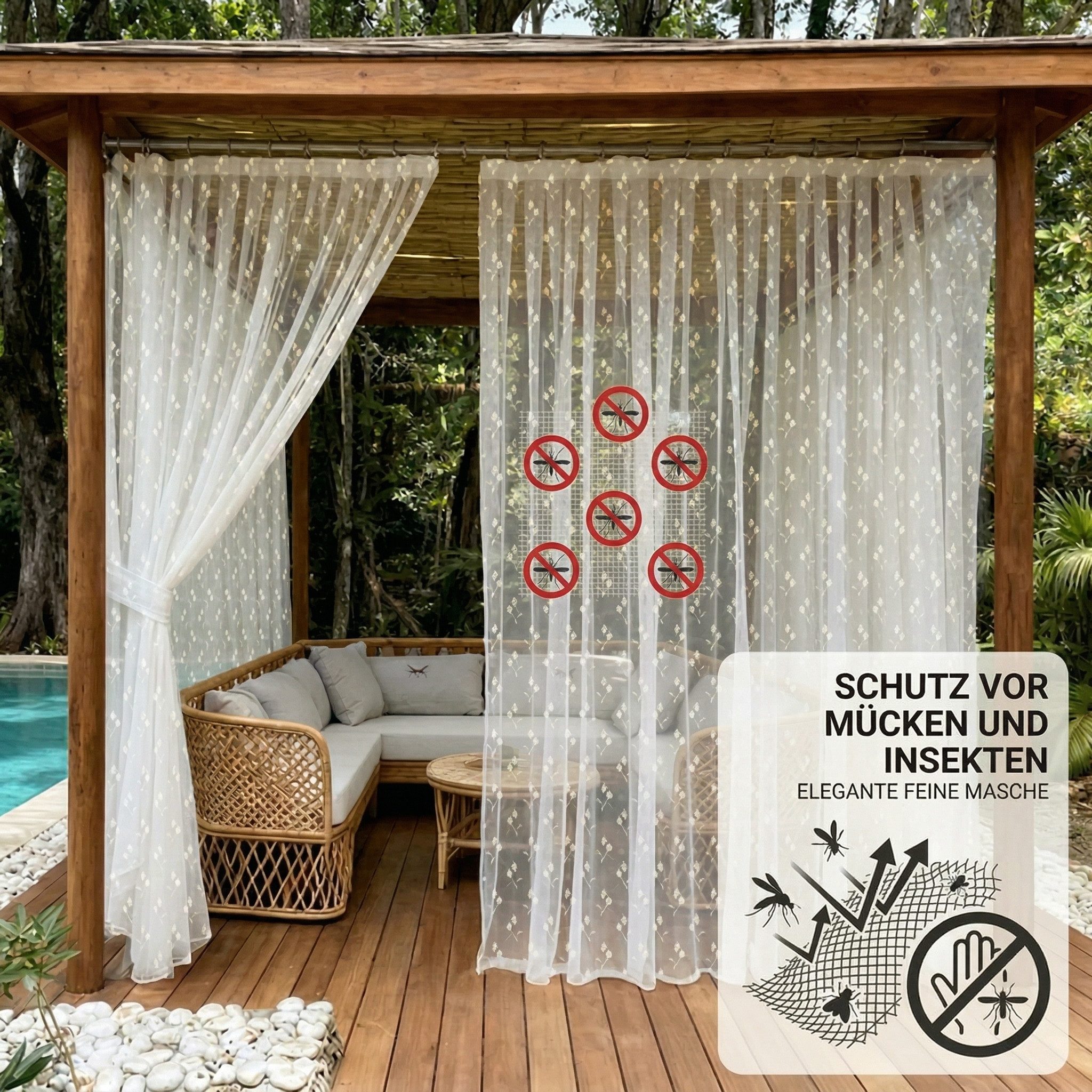 Sunicol Vorhang Floraler Outdoor Vorhang, Moskitonetz mit Kederband, Blumenmuster (1 St), Mesh-Gardine für Nsektenschutz Pavillon, Terrasse, Balkon – Bild 3 von 5