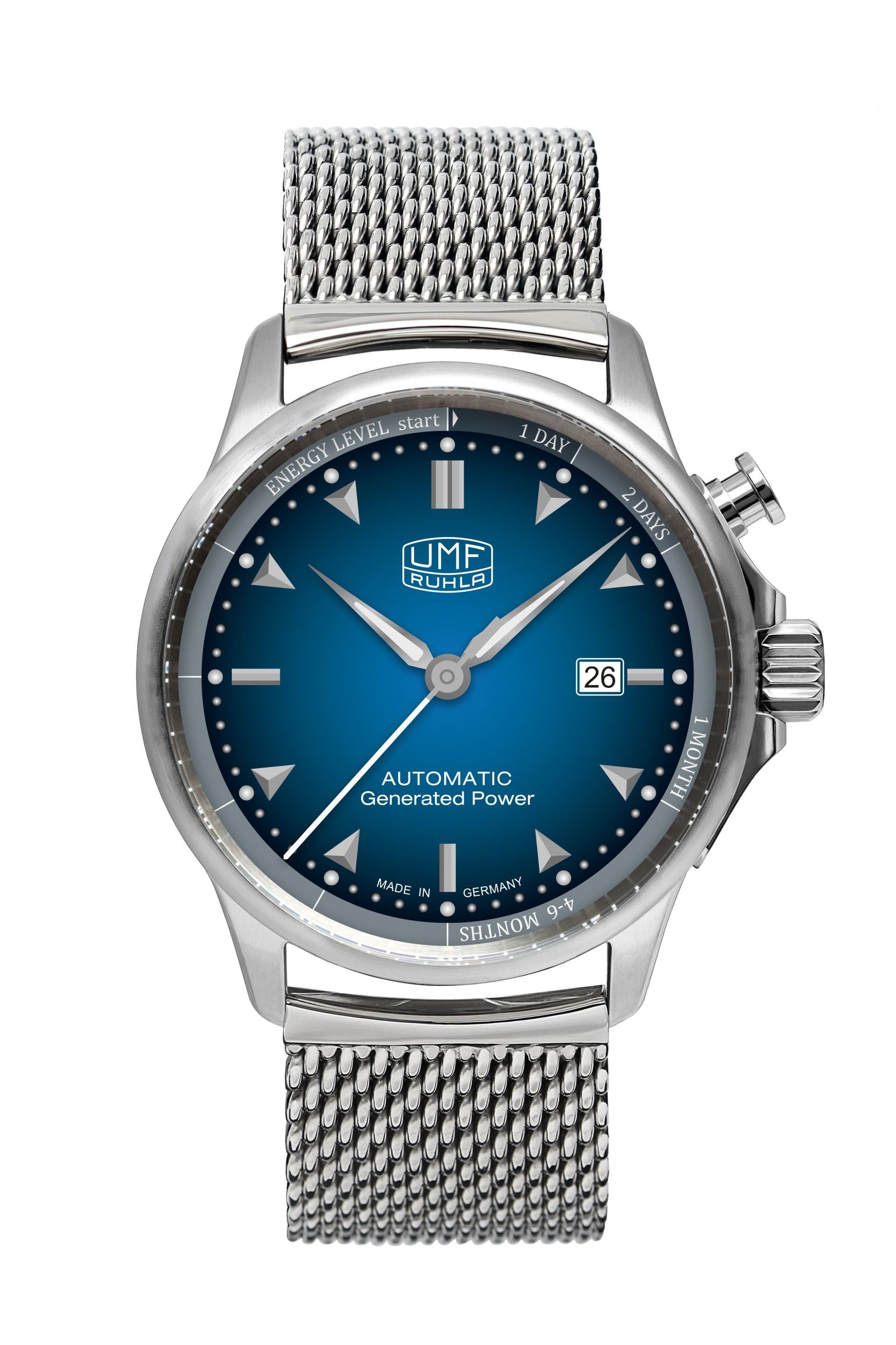 UMF Ruhla Kineticuhr 1062M-3, Ziffernblatt blau, Autokinetic Herrenuhr mit Milanaiseband, silber - Made in Germany