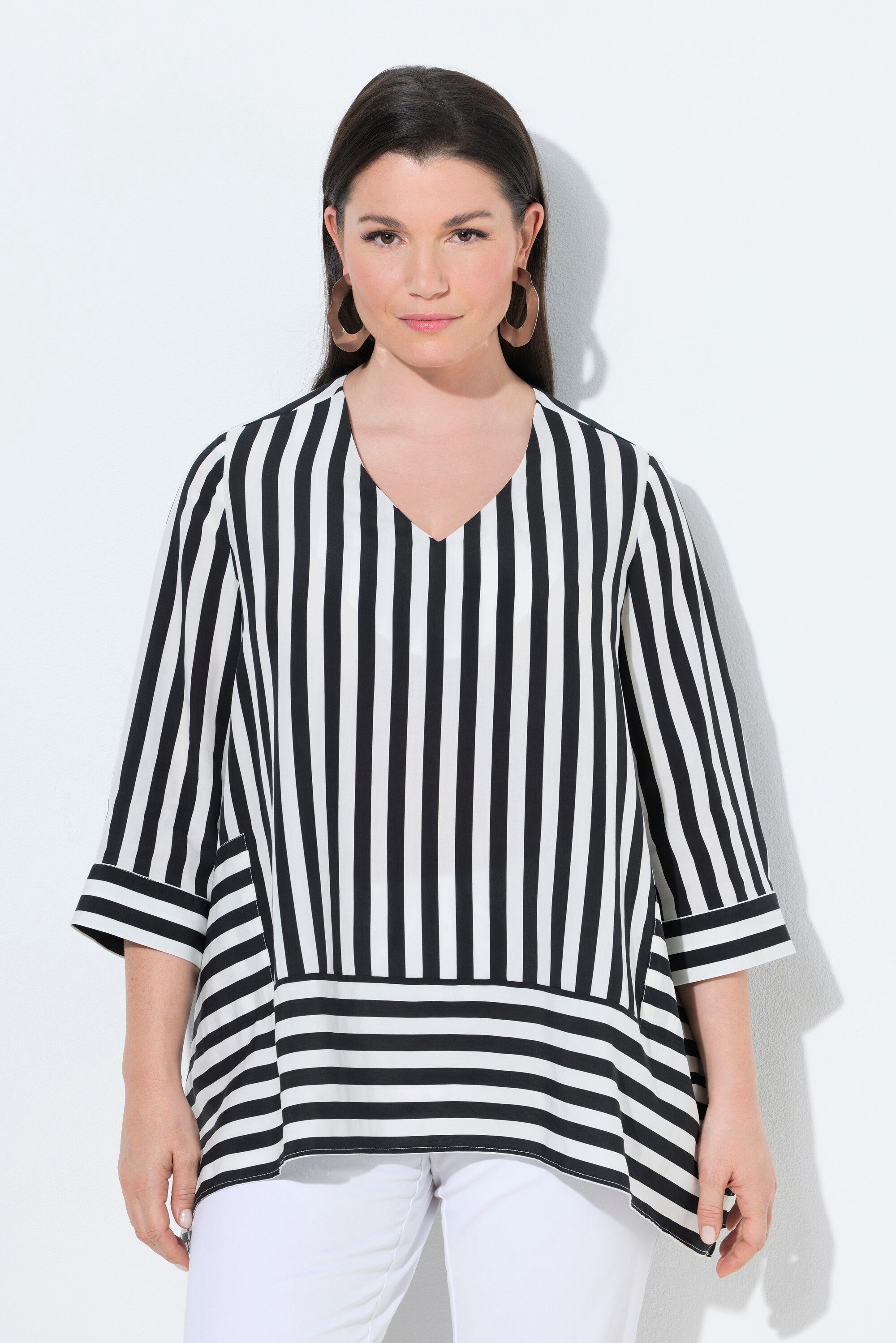 Ulla Popken Schlupfbluse Lyocell-Bluse Streifen Zipfelsaum V-Ausschnitt günstig online kaufen