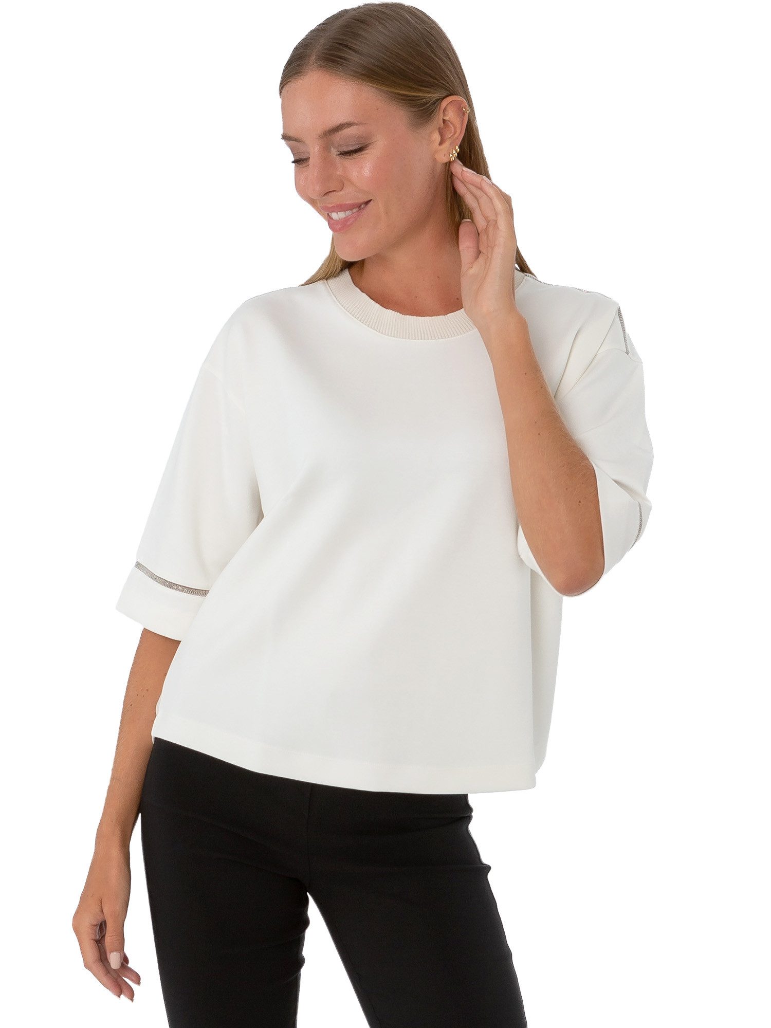 Estefania for woman Rundhalsshirt 194-1215, mit Rippbündchen am Ausschnitt Kleine silberfarbene Perlen an Schultern und Ärmelsaum