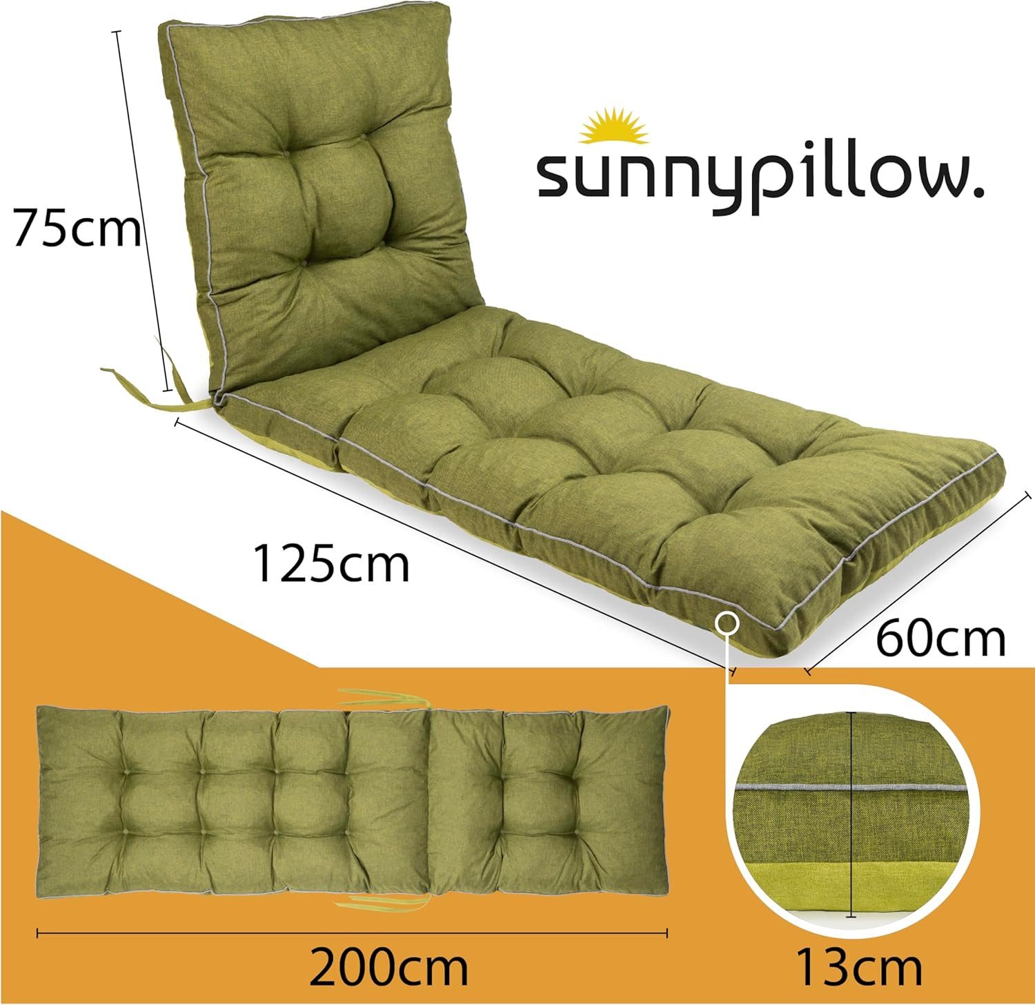 sunnypillow Liegenauflage 200 x 60 - Auflage für Gartenliege extra dick 13cm, Grün