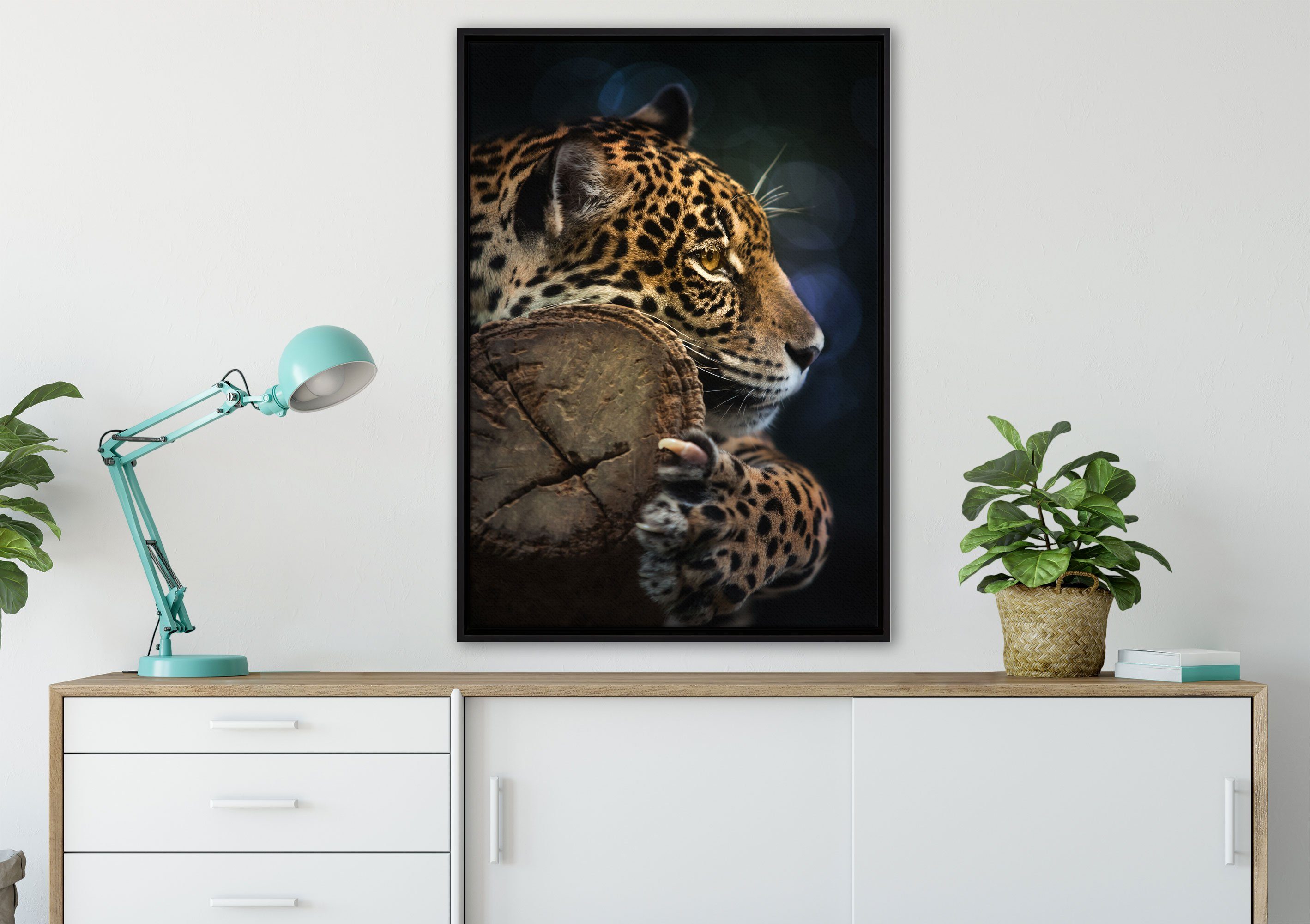 Pixxprint Leinwandbild Leopard, (1 Wanddekoration einem Schattenfugen-Bilderrahmen Leinwandbild fertig gefasst, inkl. Wunderschöner Zackenaufhänger St), bespannt, in