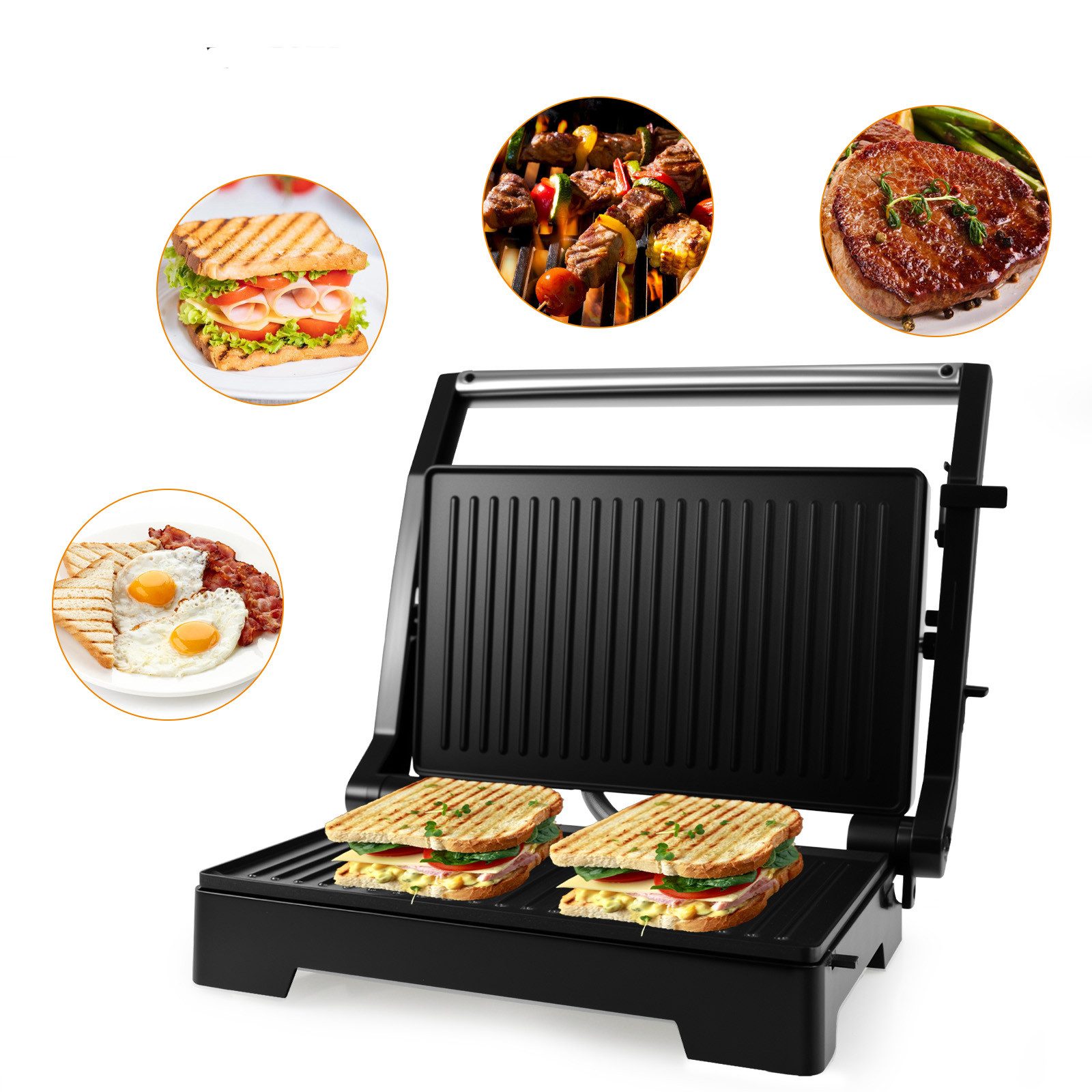 OZAVO Kontaktgrill Elektrogrill Tischgrill 1000W Panini Grill & Sandwich Maker geöffneter, 1000 W, Antihaftbeschichtet Elektrogrill leicht zu reinigen
