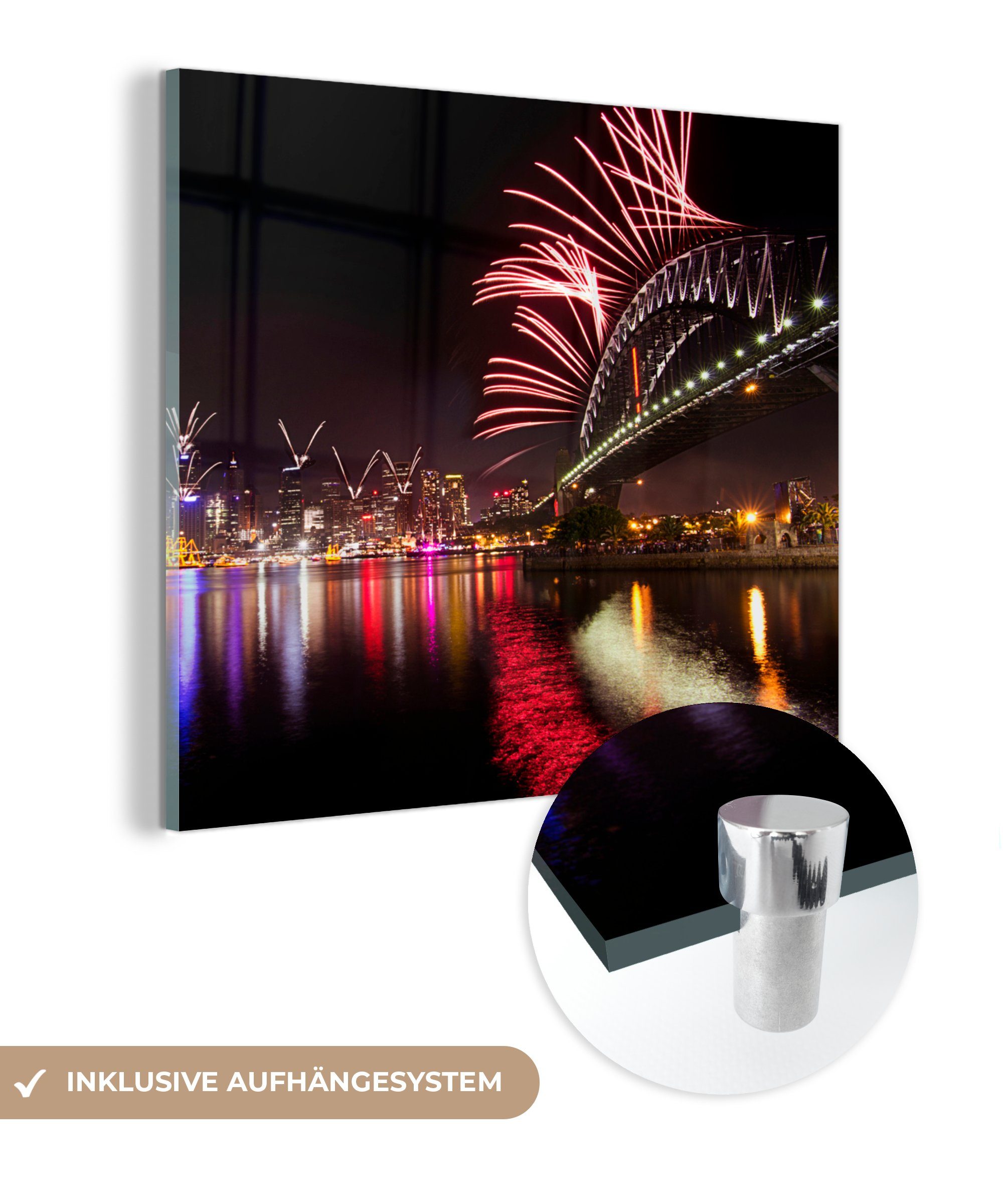 Wandbild - Glas auf Australien, Glasbilder Foto MuchoWow in Bilder mit Feuerwerk (1 - St), Acrylglasbild Bridge auf - Harbour Sydney Wanddekoration Glas