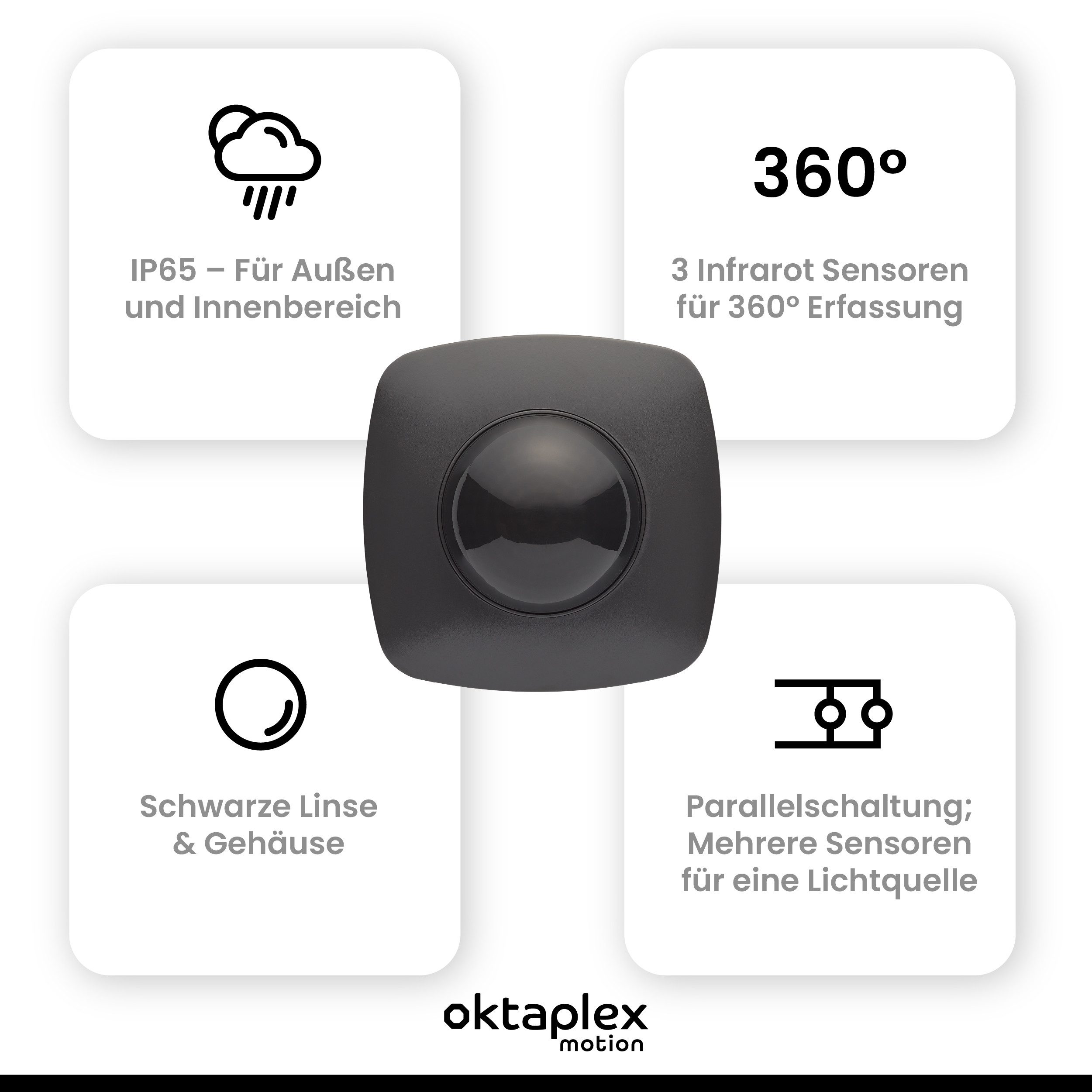 Oktaplex motion Bewegungsmelder Oktaplex Tim Präsenzmelder Deckenaufbau quadratisch Anthrazit IP65, (1-St), Bewegungserkennung