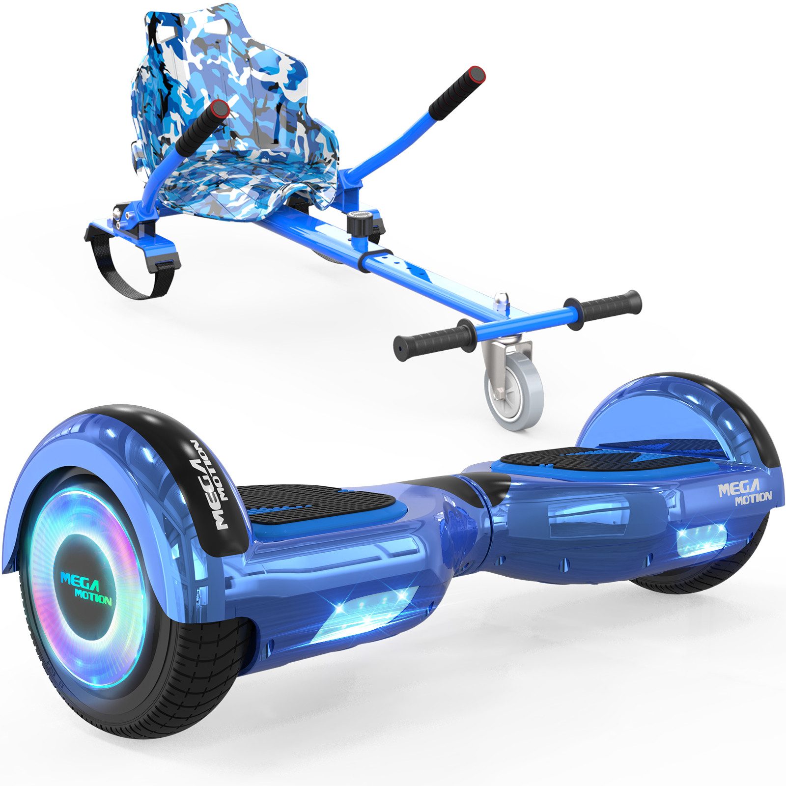 Mega Motion Balance Scooter 6.5 Zoll Ховерборды mit Sitz Hoverkart und Bluetooth und LED-Licht, 15,00 km/h, mit einem Go-Kart, Geschenk für Kinder und Jugendliche