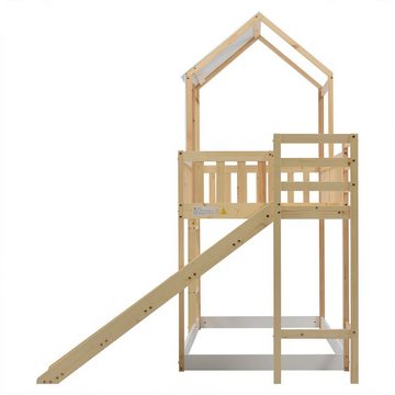 XDeer Etagenbett Etagenbett mit rechtwinkliger Leiter und Rutsche Hausbett Dach, Kinderbett Fallschutz Gitter Rahmen Kiefer Natur+Weiß 90x200cm