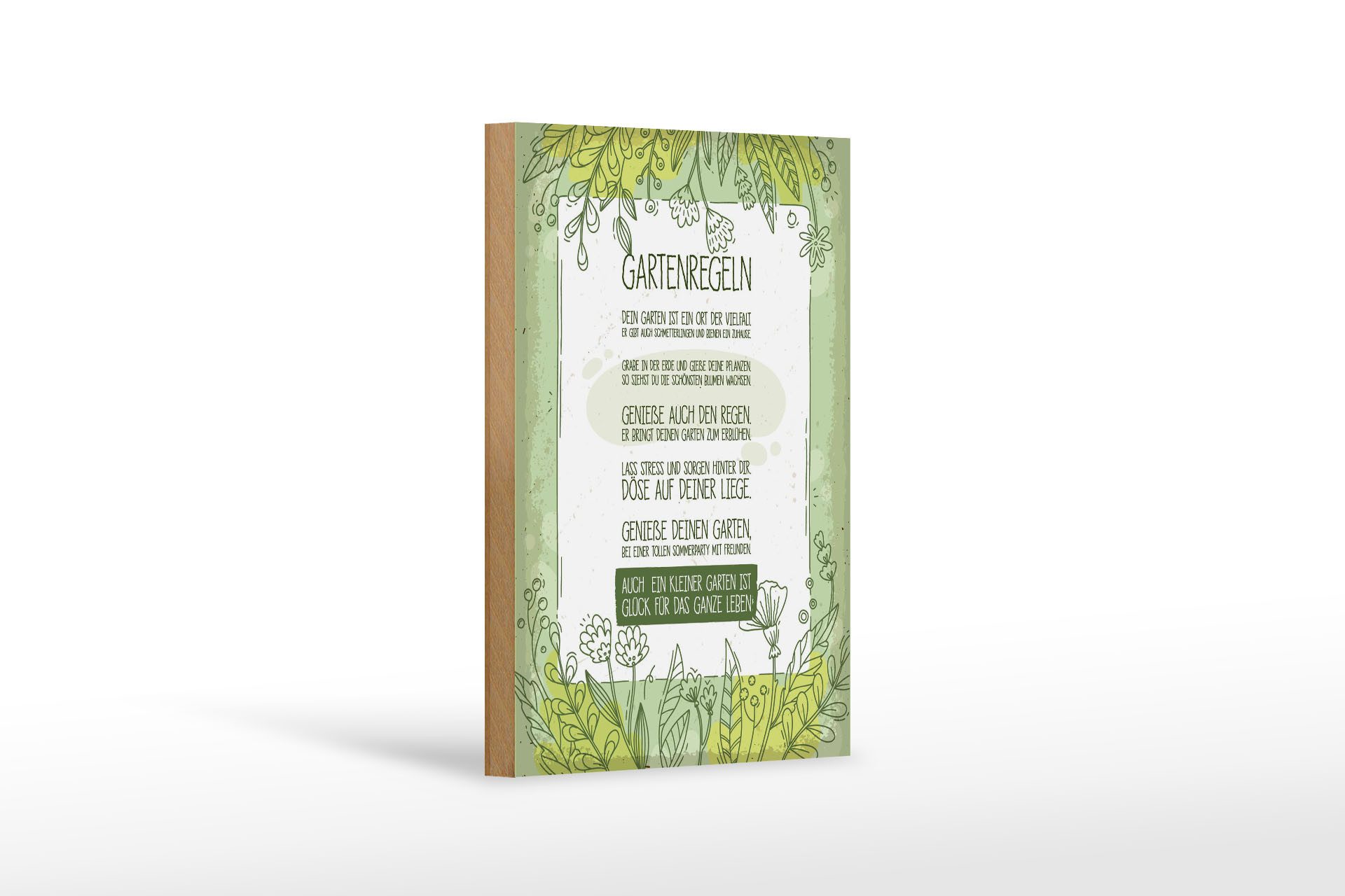 Femer GmbH Holzbild Spruch 12x18 cm Gartenregeln auch kleiner Garten ist Glück, (1 St), Glatte Holzfaserplatte (MDF), vorn beschichtet