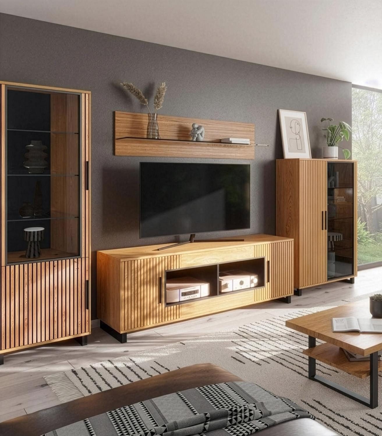 ELFO Kommode MARTHA, B 190 x H 65 cm, 2 Türen, 2 offene Fächer, teilmassives Eichenholz