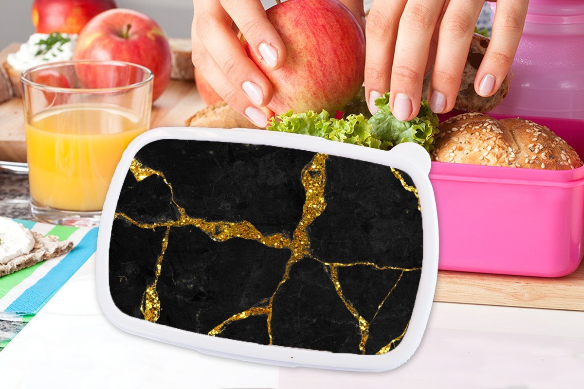 MuchoWow Lunchbox Marmor - Gold - Kunststoff, Mädchen, rosa - Brotdose für Glitter, (2-tlg), Brotbox Erwachsene, Kinder, Kunststoff Snackbox, Schwarz Marmoroptik 