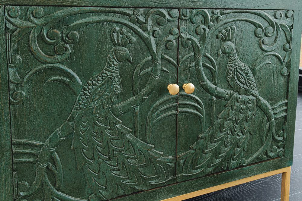 riess-ambiente Sideboard PEACOCK 175 cm grün / gold – Massivholz, Antik-Optik, 3D-Schnitzerei (Einzelartikel, 1 St), massiver Schrank mit Pfau-Design – ideal fü – Bild 5 von 5