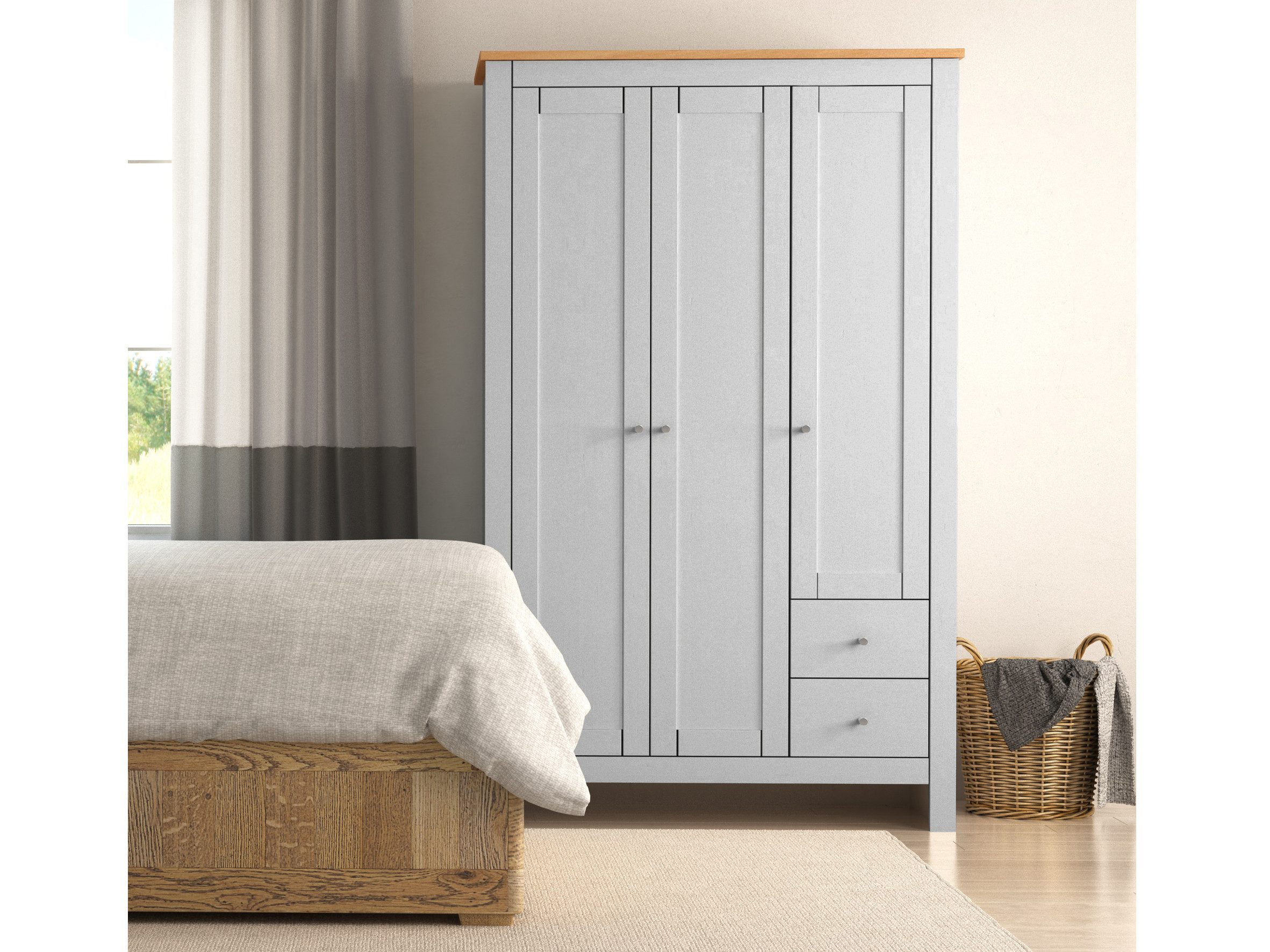 loft24 Kleiderschrank Eddie - Dielenschrank Drehtürenschrank Garderobenschrank 3 Türen, 2 Schubladen, MDF, Landhausstil, mit Kleiderstange