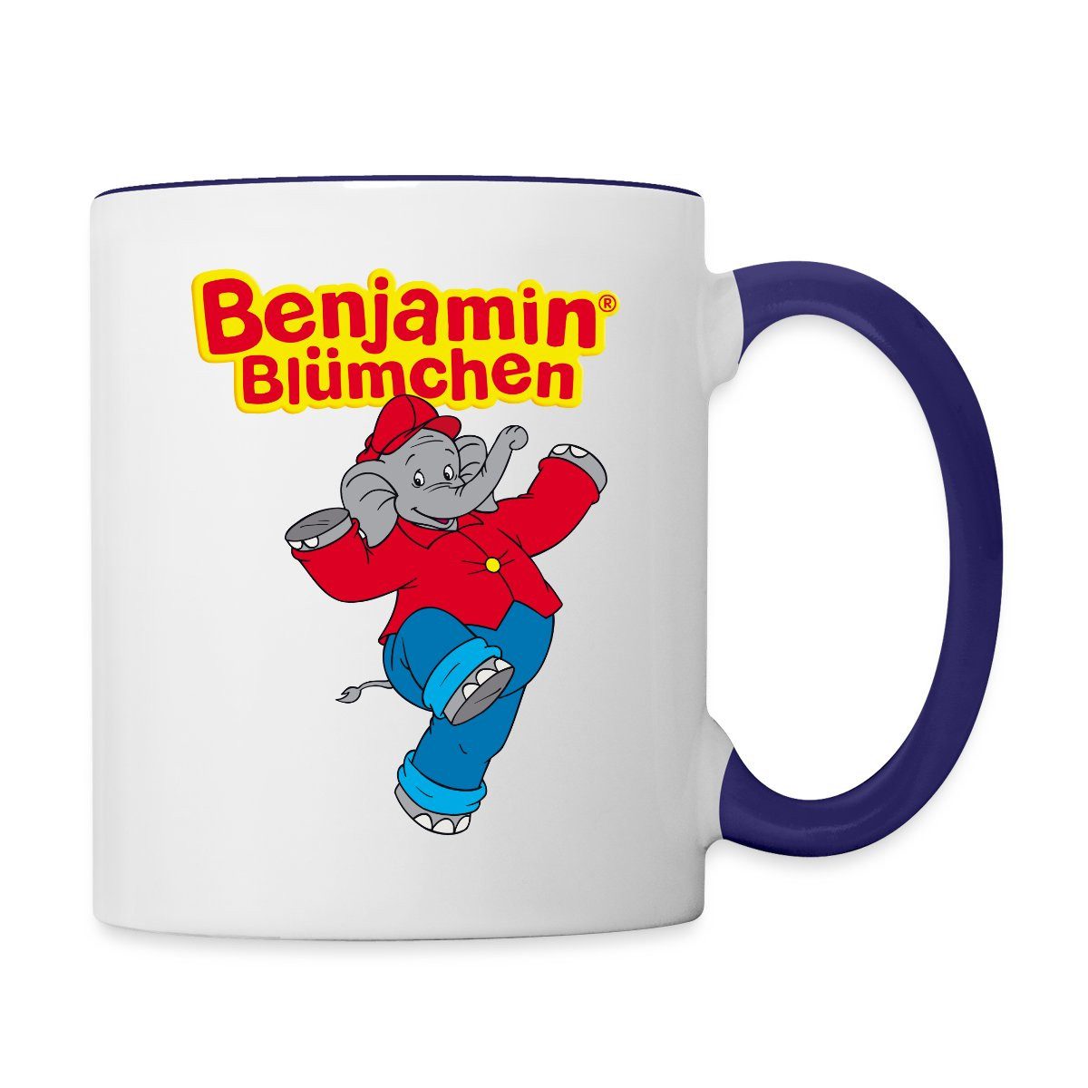 Spreadshirt Tasse Benjamin Blümchen Tanzt Fröhlich Schriftzug Tasse Zweifarbig, Keramik