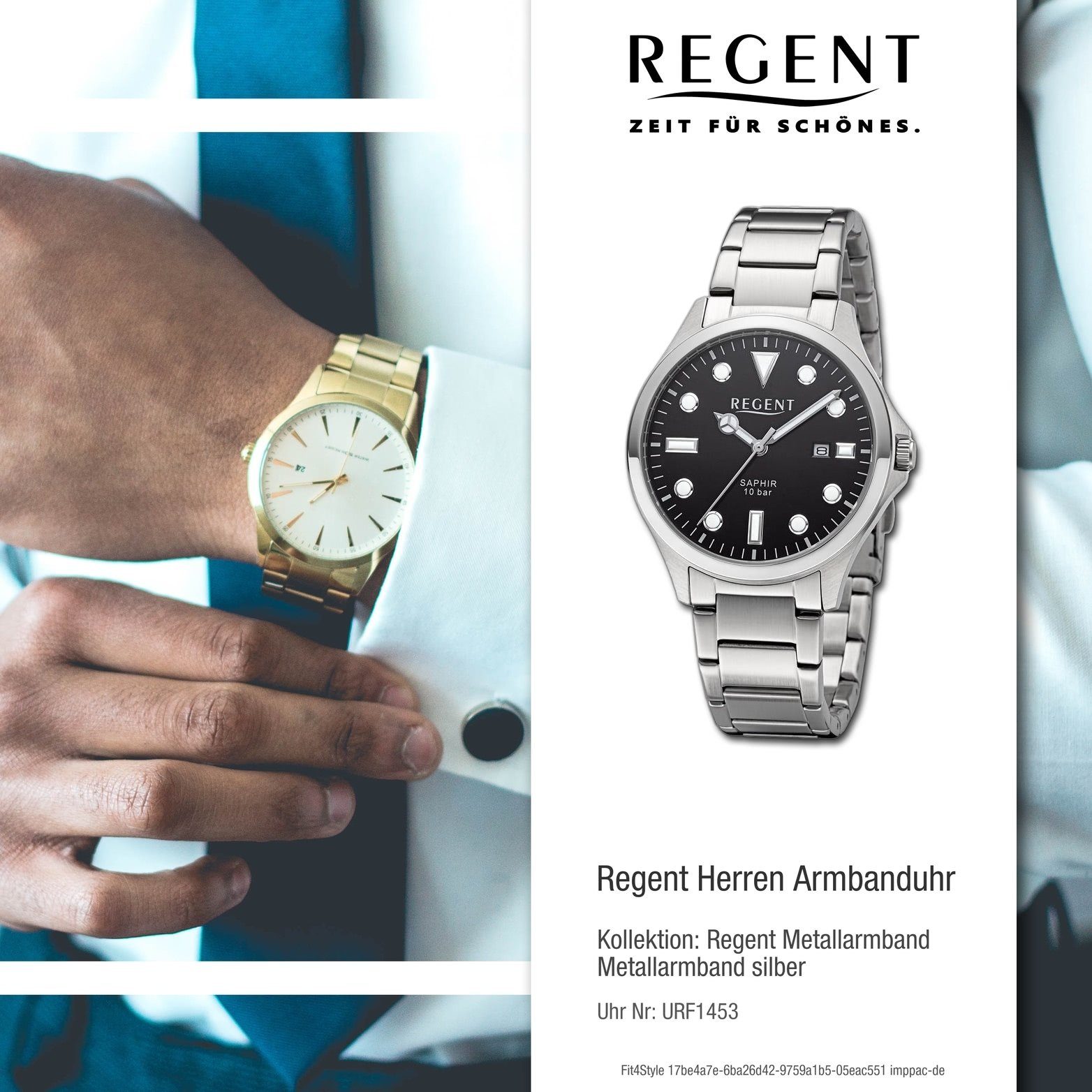 Regent Quarzuhr Regent Herren Armbanduhr Analog, Metallarmband Herrenuhr extra 41mm) (ca. groß rundes Gehäuse, silber