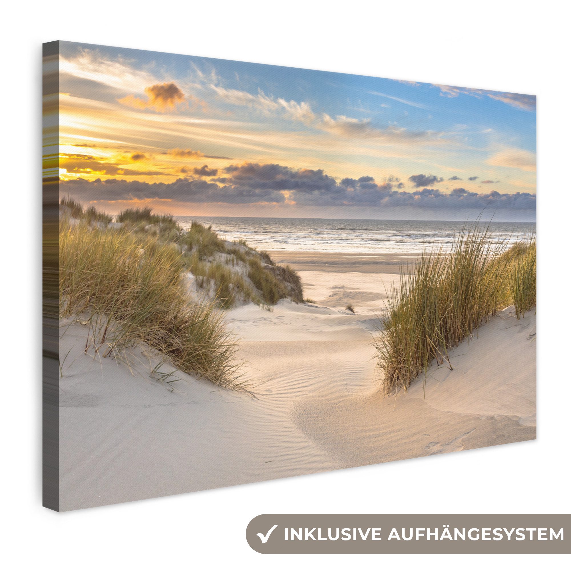 OneMillionCanvasses® Leinwandbild Strand - Düne - Gras - Sonnenuntergang - Meer, Fotodruck (1 St), Leinwand Bilder Klein, Wand Dekoration Aesthetic 30x20 cm