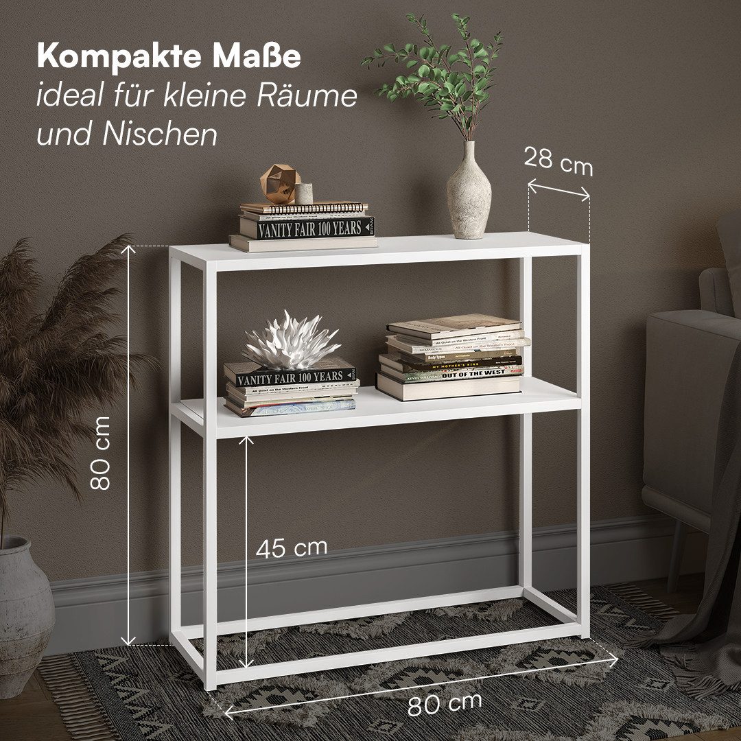 skølm Konsolentisch Skadi mit 2 Ablageflächen (weiß, Metallregal, bis 20kg belastbar), Konsolentisch, höhenverstellbare Füße, 80x28x80 cm – Bild 5 von 5