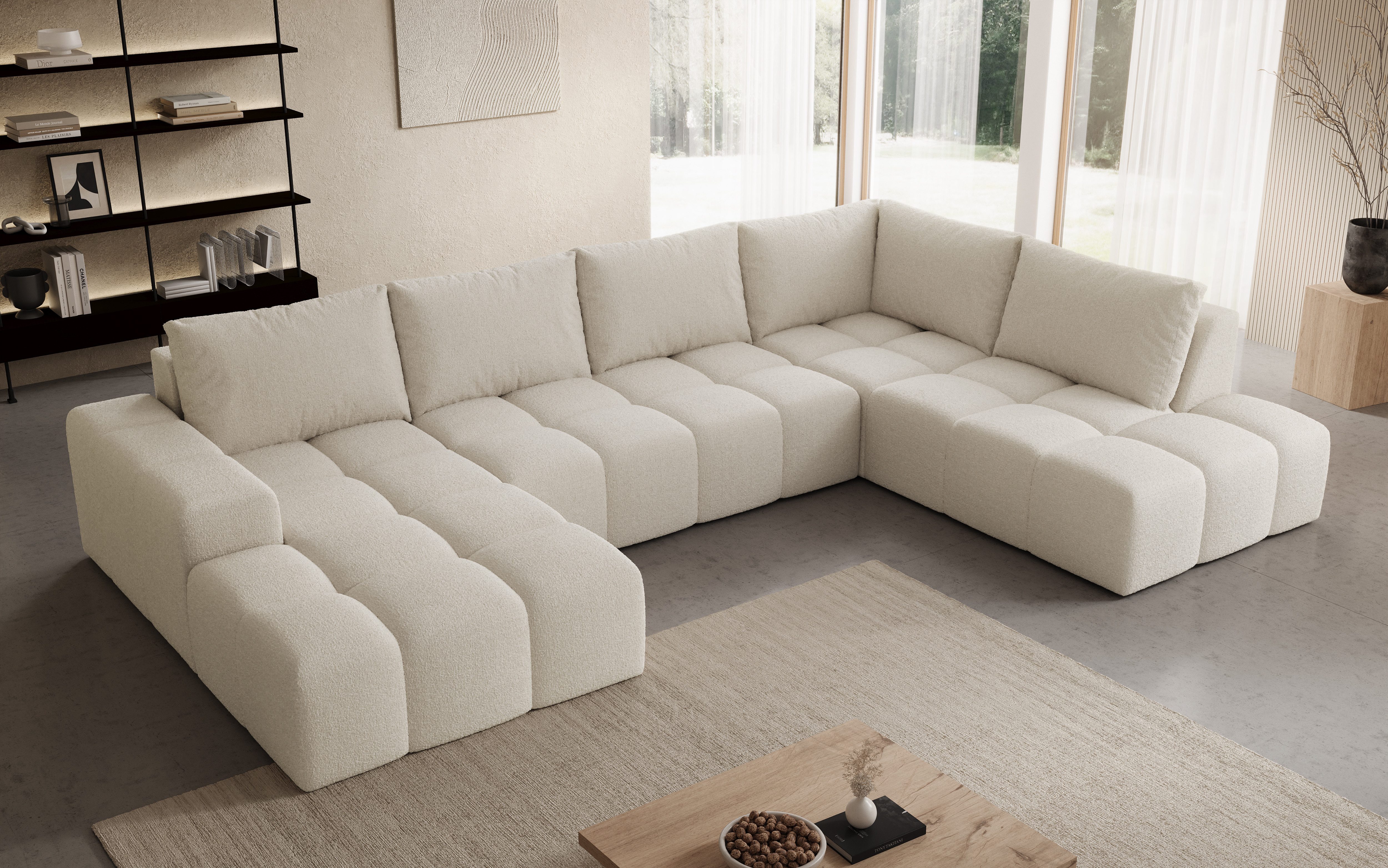 PROMETO Möbel Ecksofa U-Sofa, Große Sofa im Cord-Stoff, Teddy-Boucle oder Web, 2 Ottomanen, Großes U-Sofa mit Cordstoff-Bezug, zwei Ottomanen