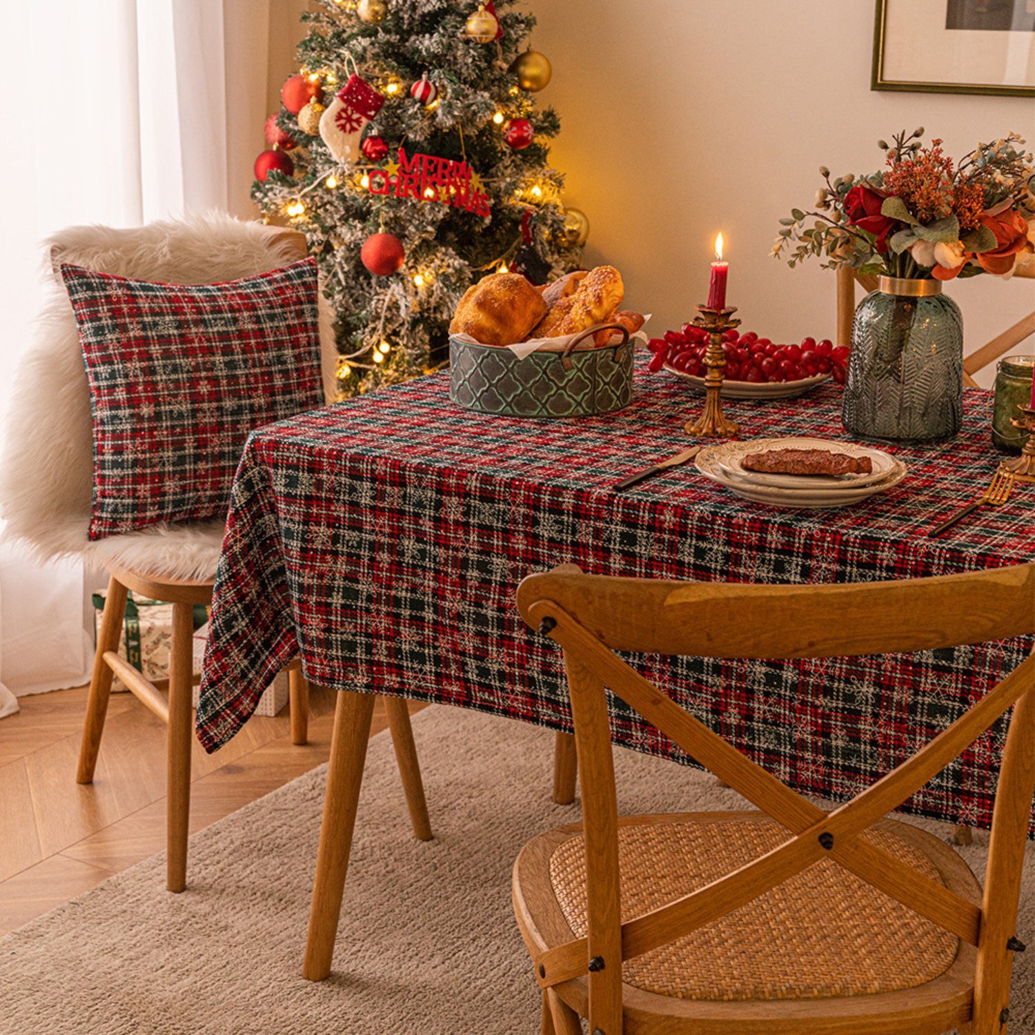Tartan HOMEIDEAS Schneeflocke Tischtuch, Grün Weihnachten Tischdecke,